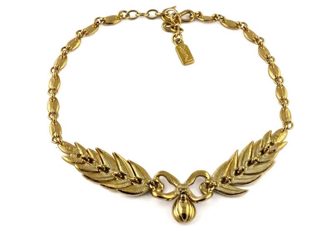 Vintage YVES SAINT LAURENT Bow Leaf Rhinestone Necklace For Sale 1
