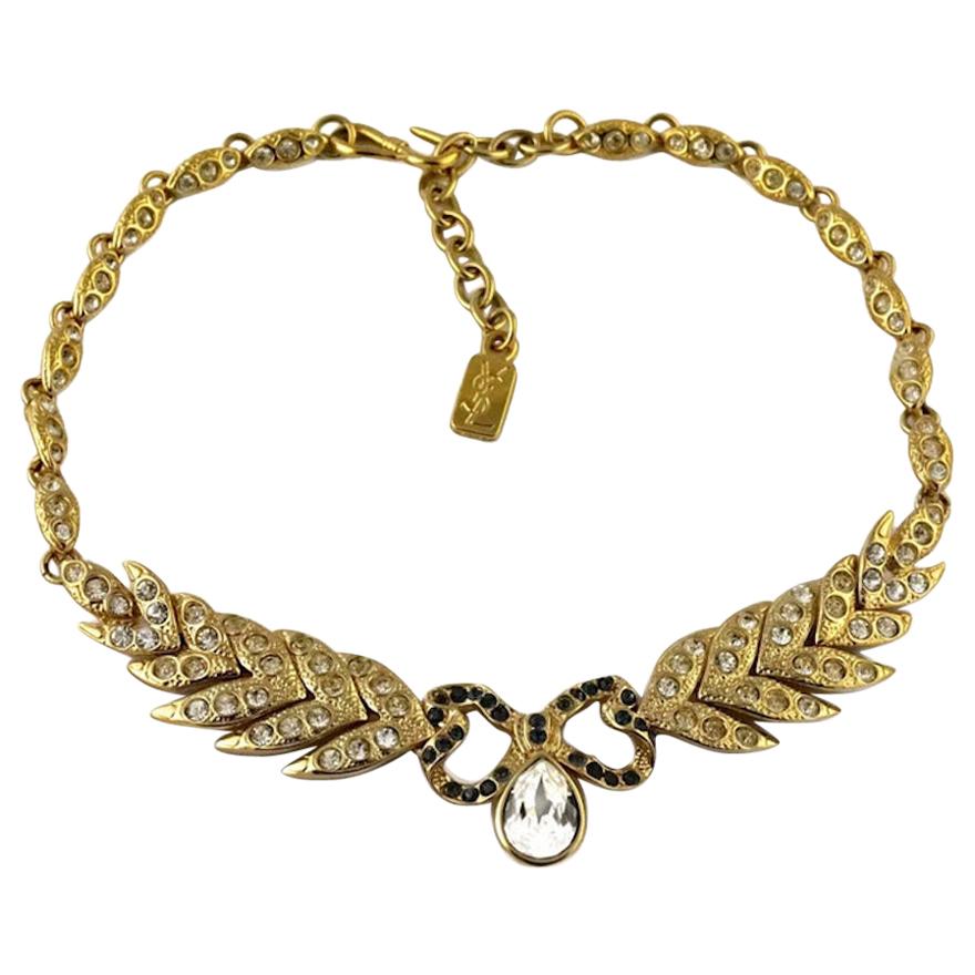 Vintage YVES SAINT LAURENT Bow Leaf Rhinestone Necklace