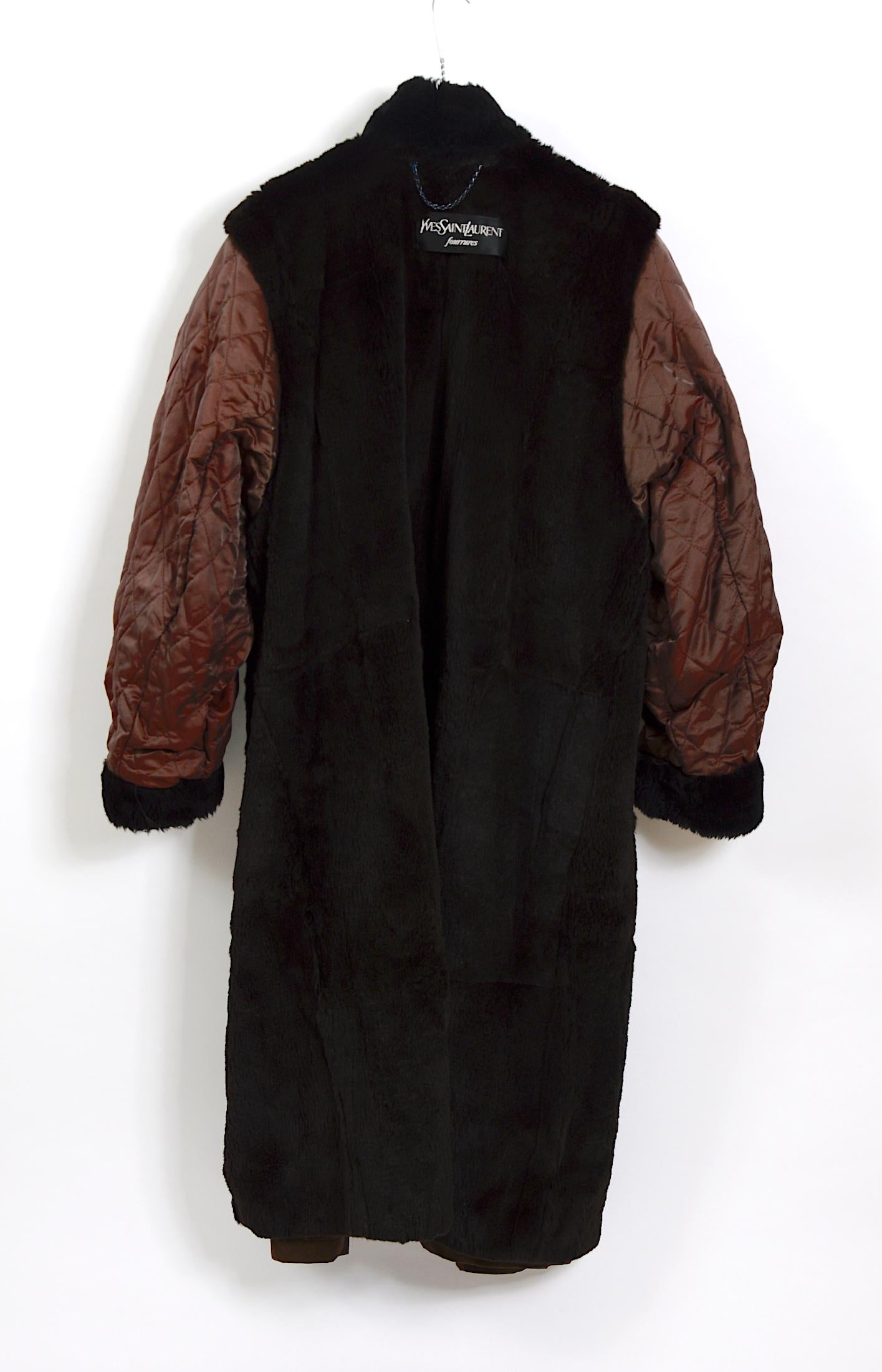 Black Vintage Yves Saint Laurent brown coat lined with chinchilla and shearling trim