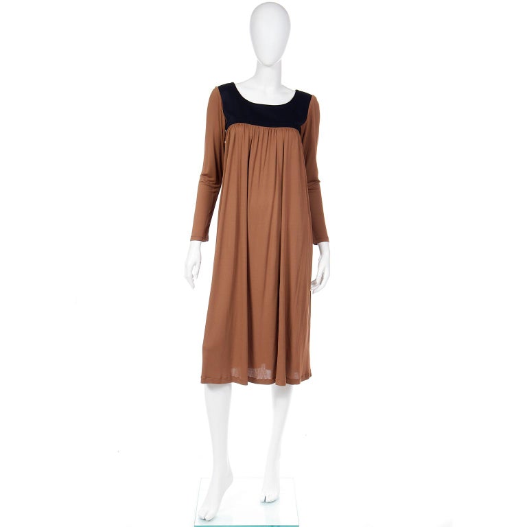 Vintage Yves Saint Laurent Brown Jersey Peasant Style YSL Dress with