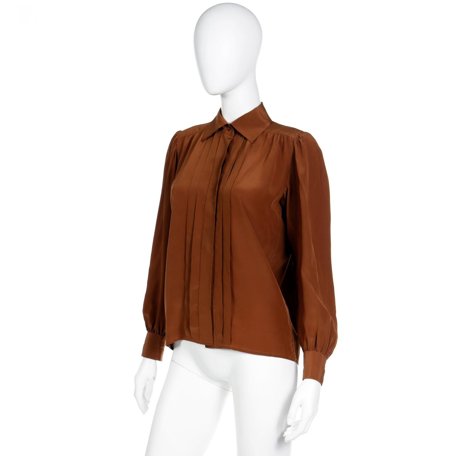 Vintage Yves Saint Laurent Brown Silk Button Front Collared Blouse In Excellent Condition For Sale In Portland, OR