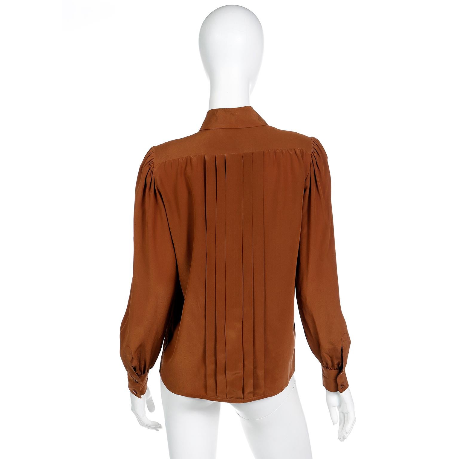Women's Vintage Yves Saint Laurent Brown Silk Button Front Collared Blouse For Sale