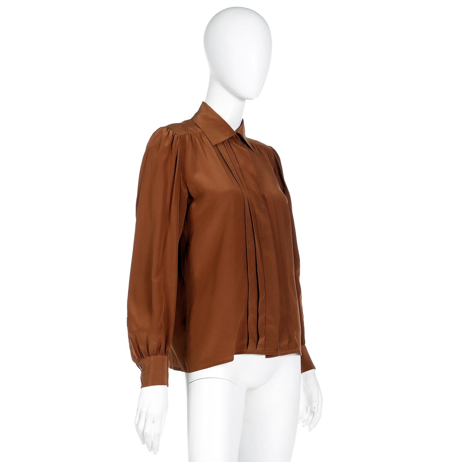 Vintage Yves Saint Laurent Brown Silk Button Front Collared Blouse For Sale 1