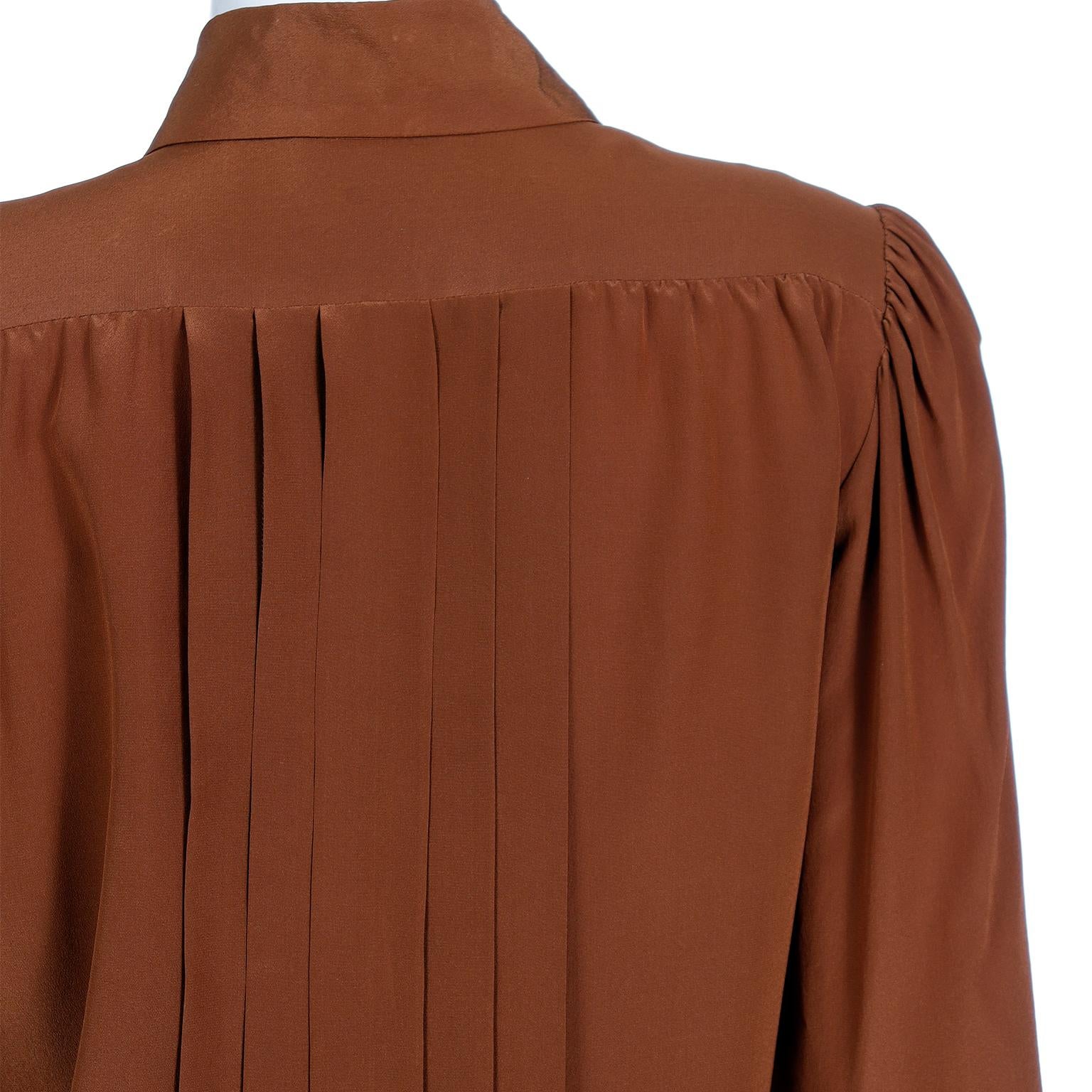 Vintage Yves Saint Laurent Brown Silk Button Front Collared Blouse For Sale 2