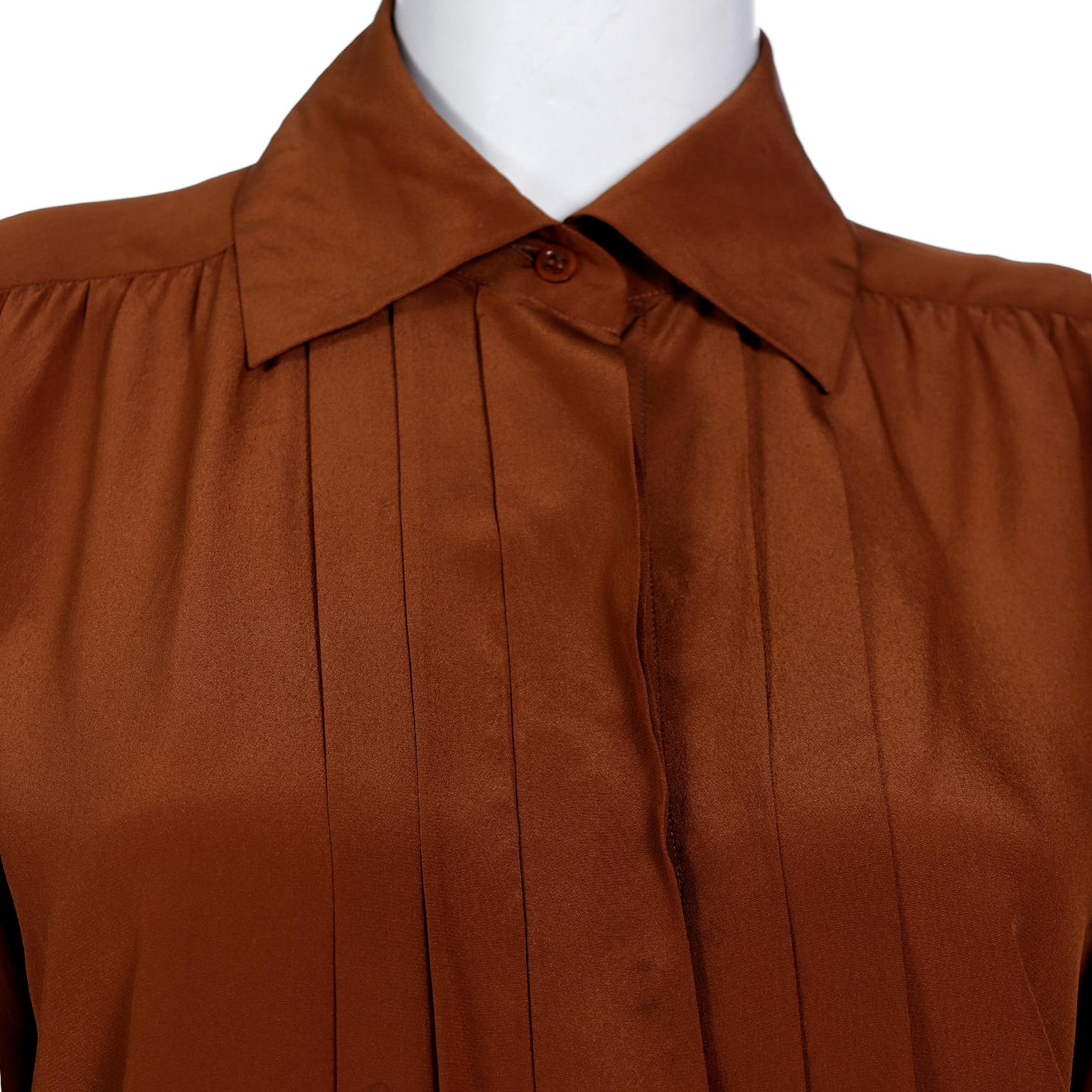 Vintage Yves Saint Laurent Brown Silk Button Front Collared Blouse For Sale 3