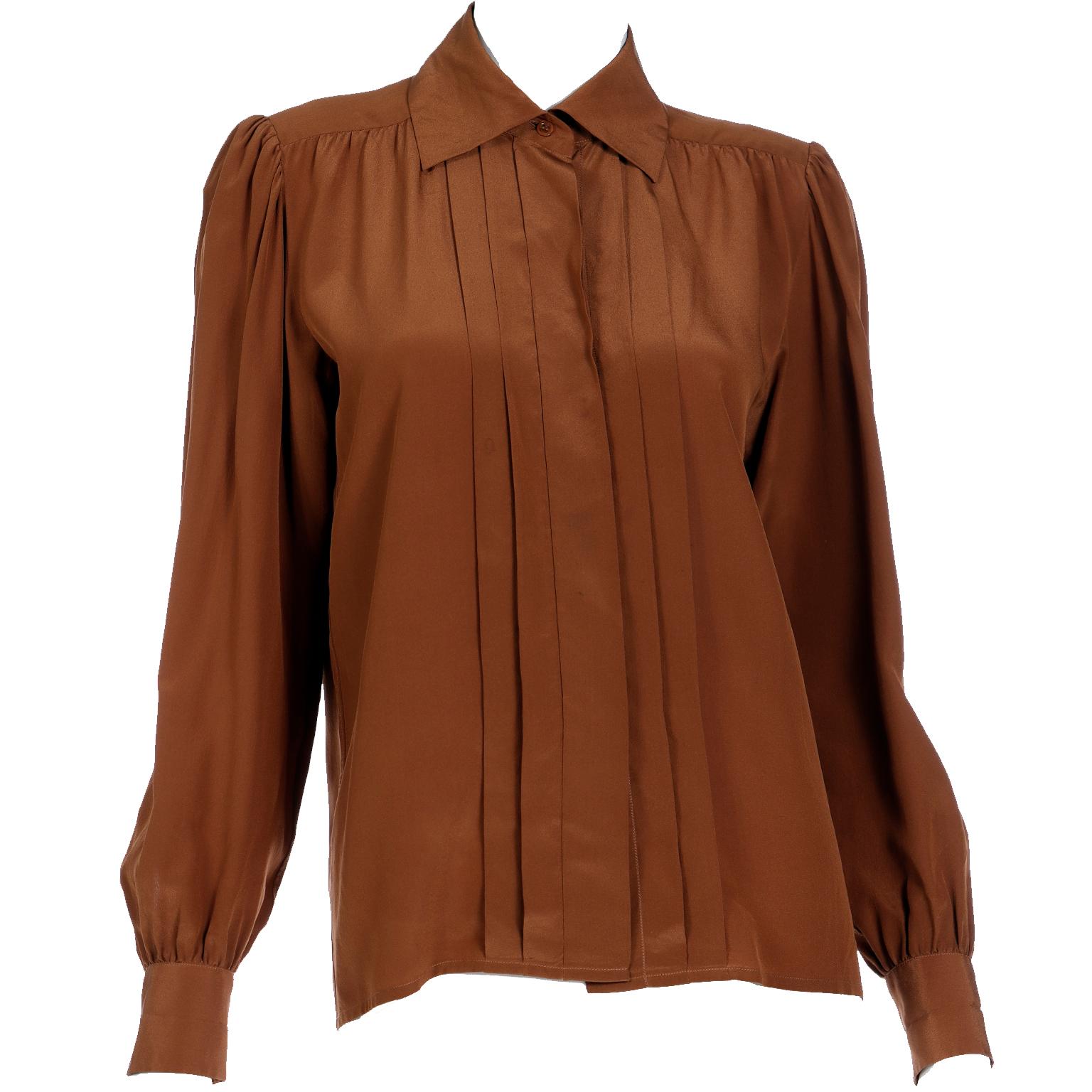 Vintage Yves Saint Laurent Brown Silk Button Front Collared Blouse For Sale 5
