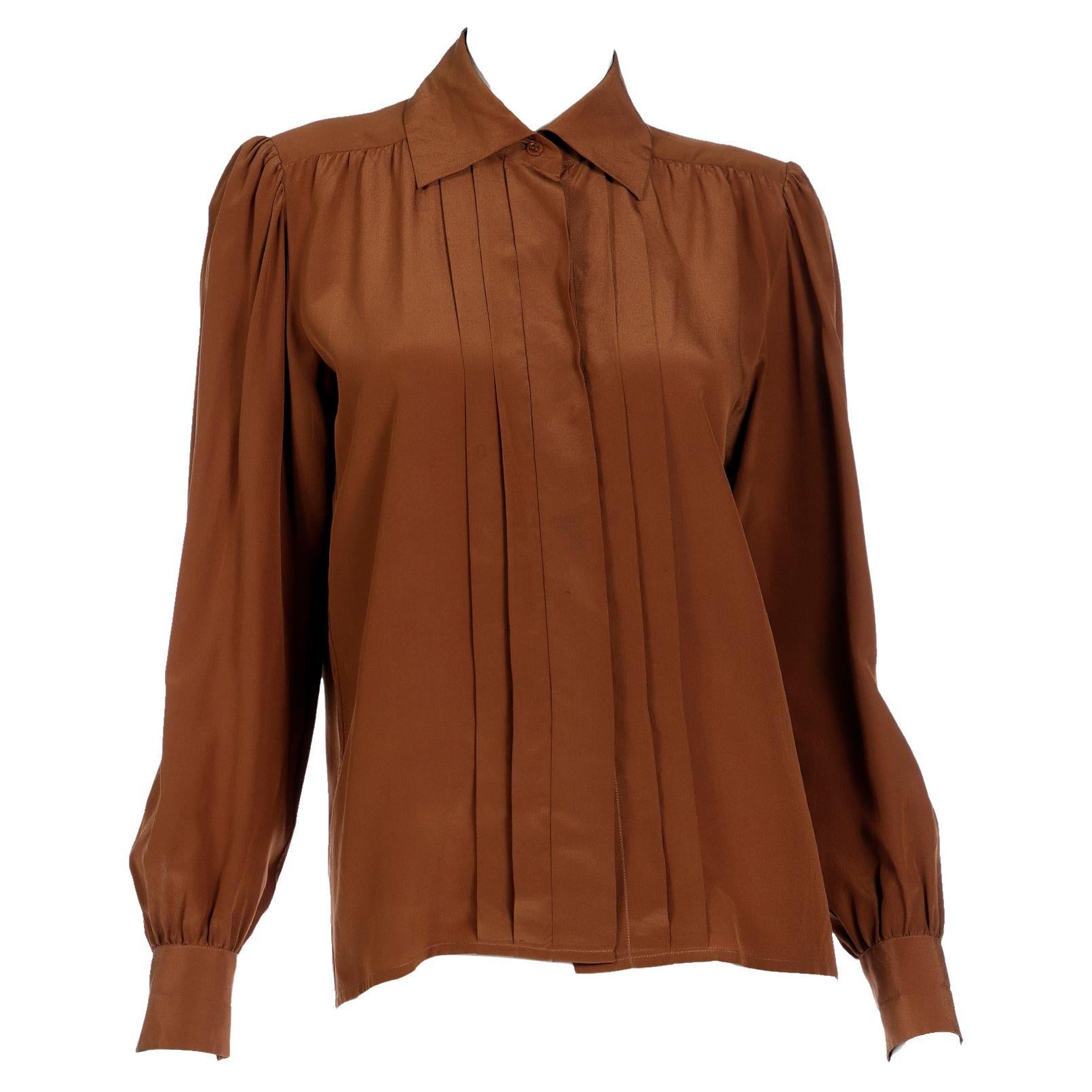 Vintage Yves Saint Laurent Brown Silk Button Front Collared Blouse For Sale