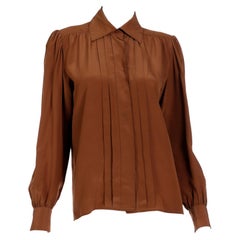 Retro Yves Saint Laurent Brown Silk Button Front Collared Blouse