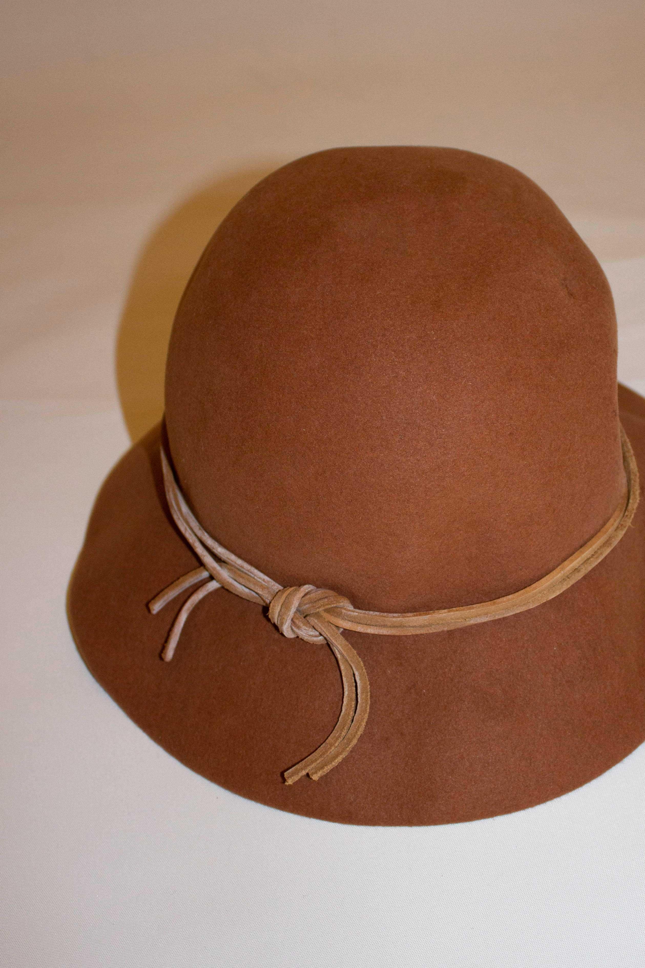 Vintage Yves Saint Laurent Brown Wool Hat with Leather Trim For Sale 1