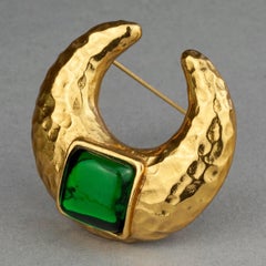 Vintage YVES SAINT LAURENT by Goossens Hammered Crescent Green Stone Brooch