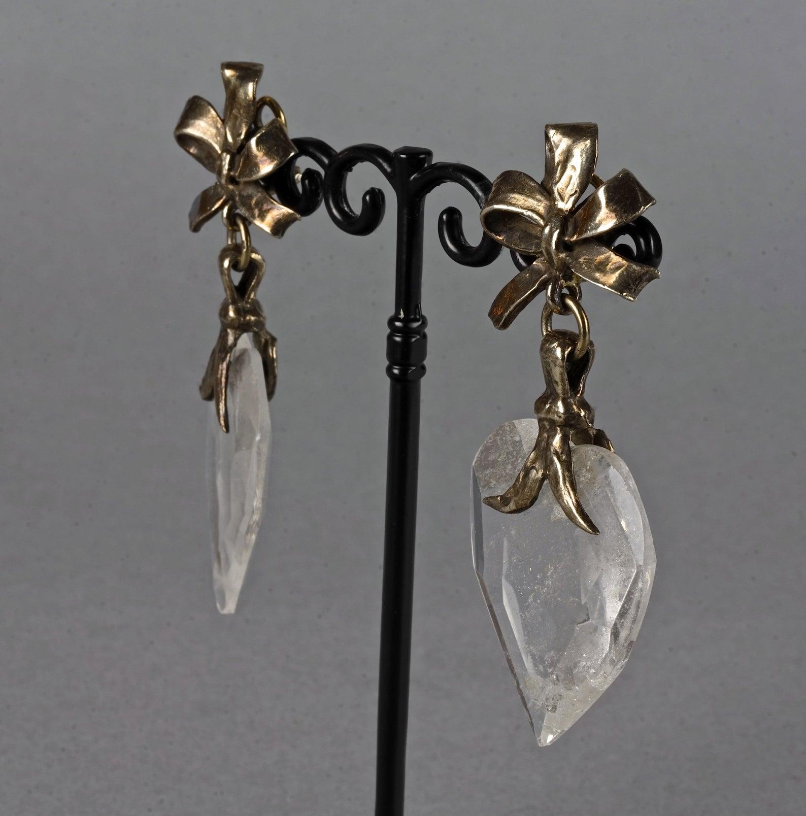 Vintage YVES SAINT LAURENT by Robert Goossens Bow Glass Heart Dangling Earrings 1