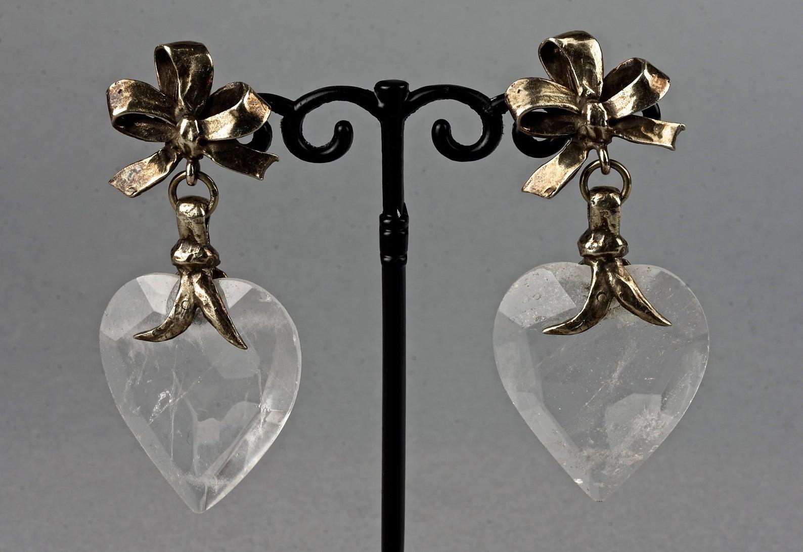 Vintage YVES SAINT LAURENT by Robert Goossens Bow Glass Heart Dangling Earrings 2