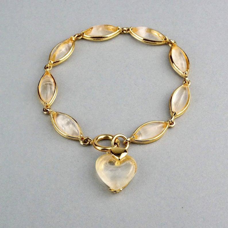 Vintage YVES SAINT LAURENT by Robert Goossens Glass Crystal Heart Charm Bracelet In Excellent Condition In Kingersheim, Alsace