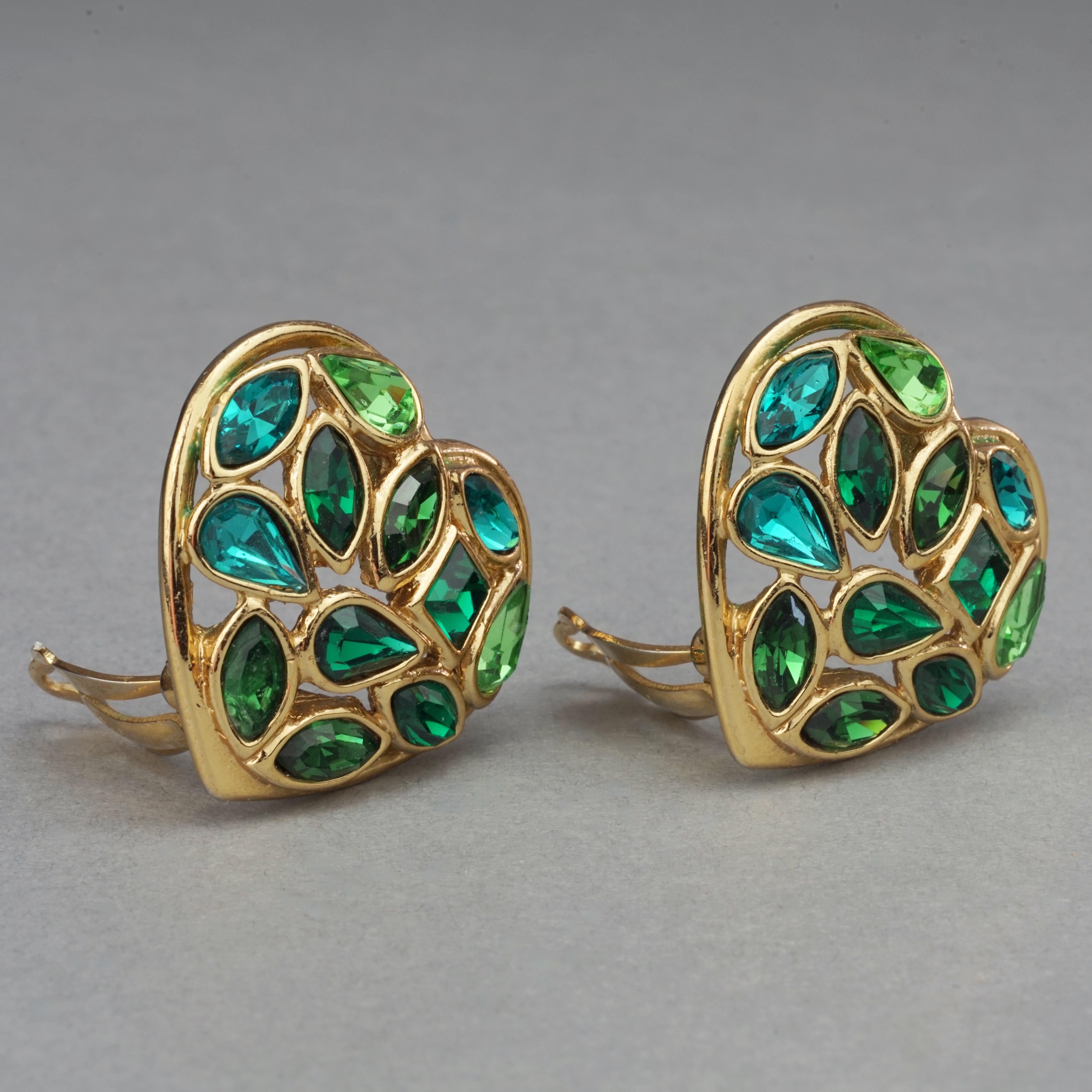 Vintage YVES SAINT LAURENT by Robert Goossens Green Heart Rhinestones Earrings In Good Condition In Kingersheim, Alsace