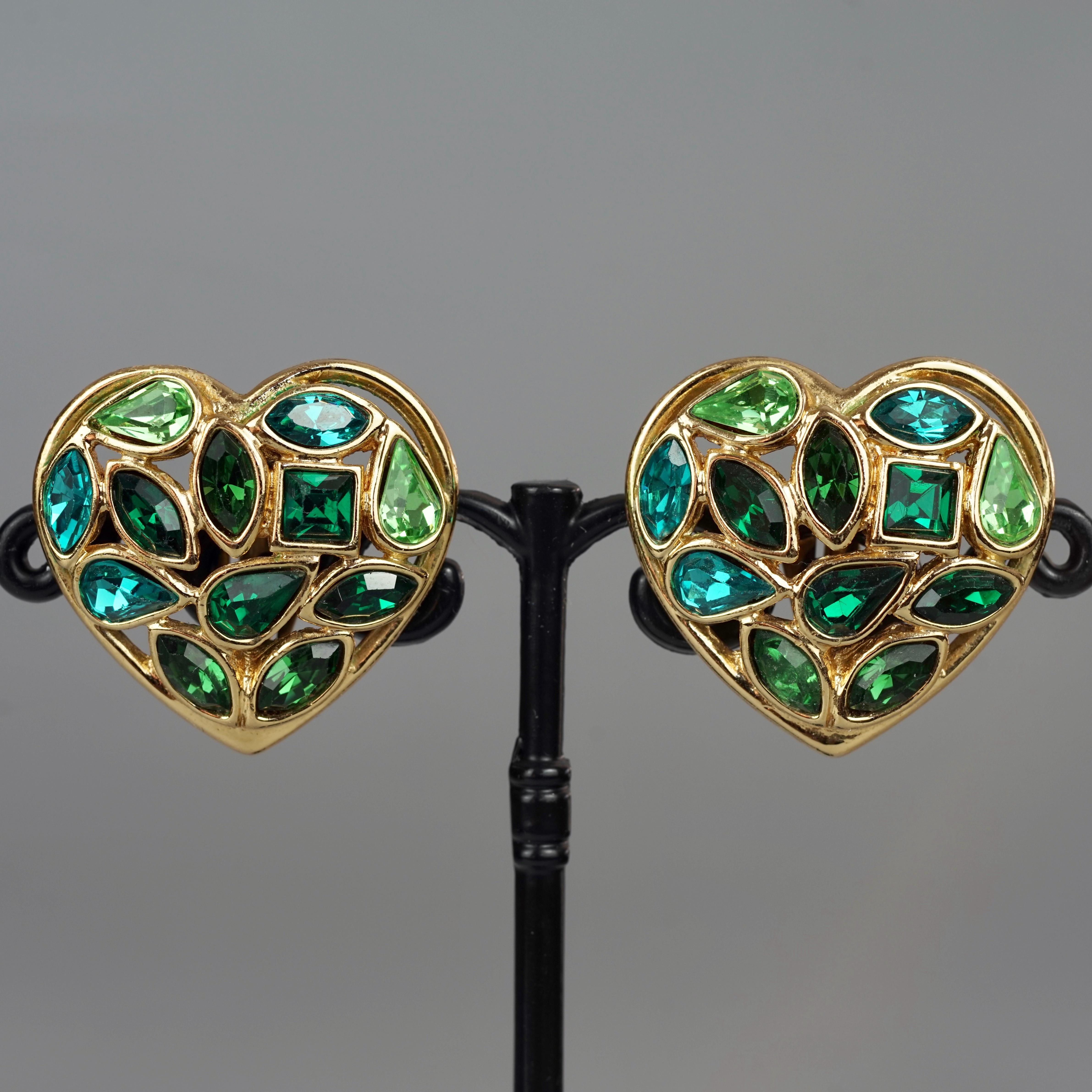 Women's Vintage YVES SAINT LAURENT by Robert Goossens Green Heart Rhinestones Earrings