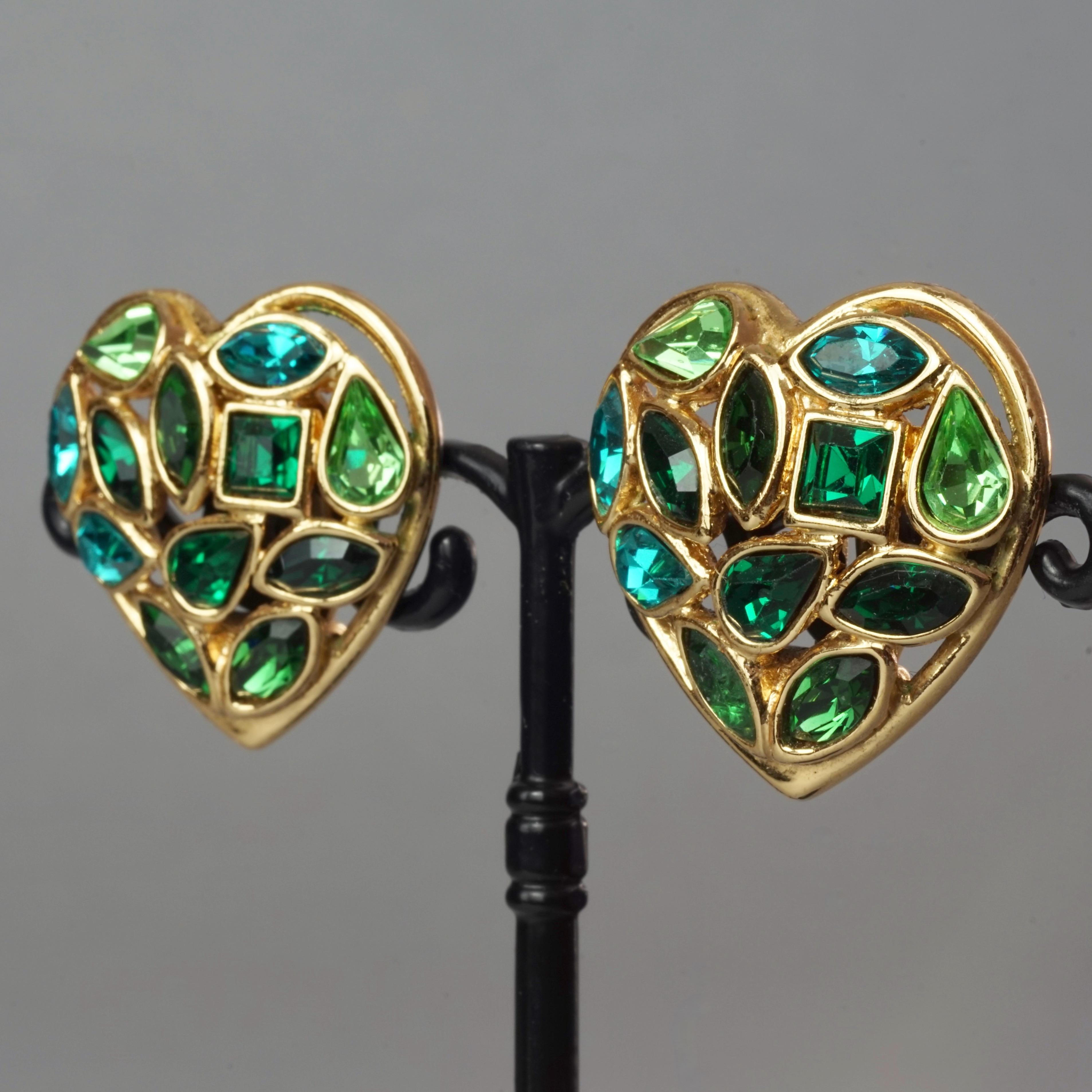 Vintage YVES SAINT LAURENT by Robert Goossens Green Heart Rhinestones Earrings 1