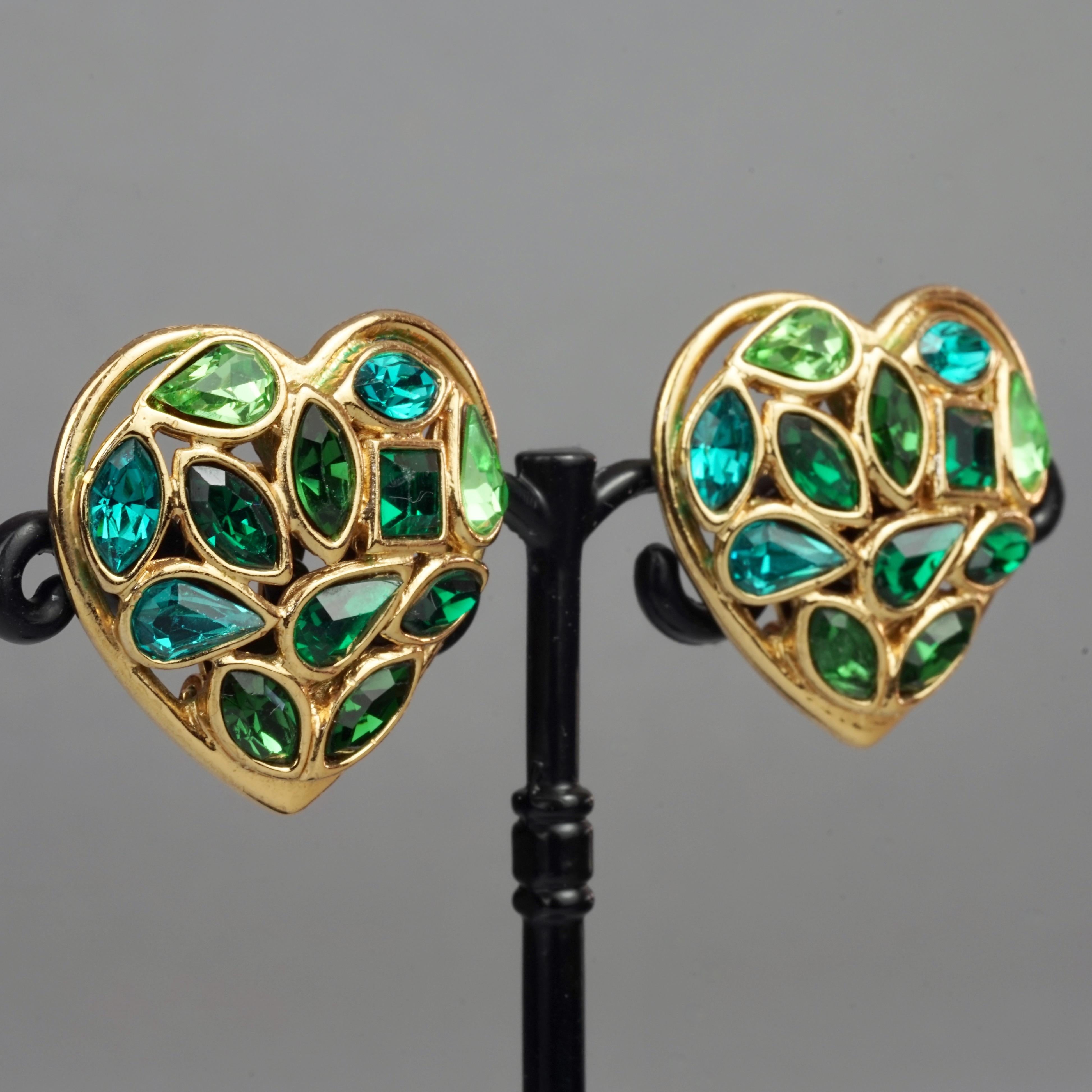 Vintage YVES SAINT LAURENT by Robert Goossens Green Heart Rhinestones Earrings 2