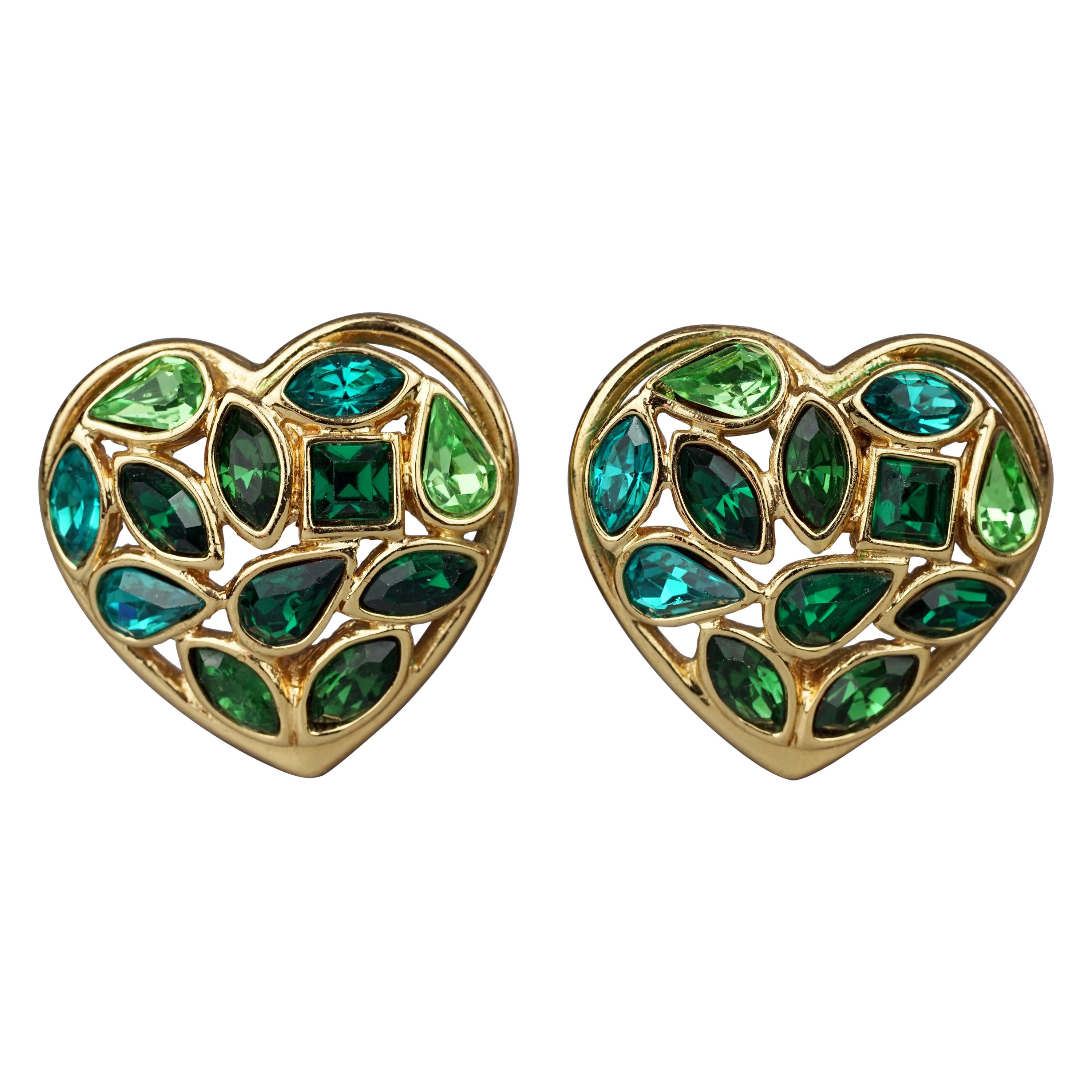 Vintage YVES SAINT LAURENT by Robert Goossens Green Heart Rhinestones Earrings