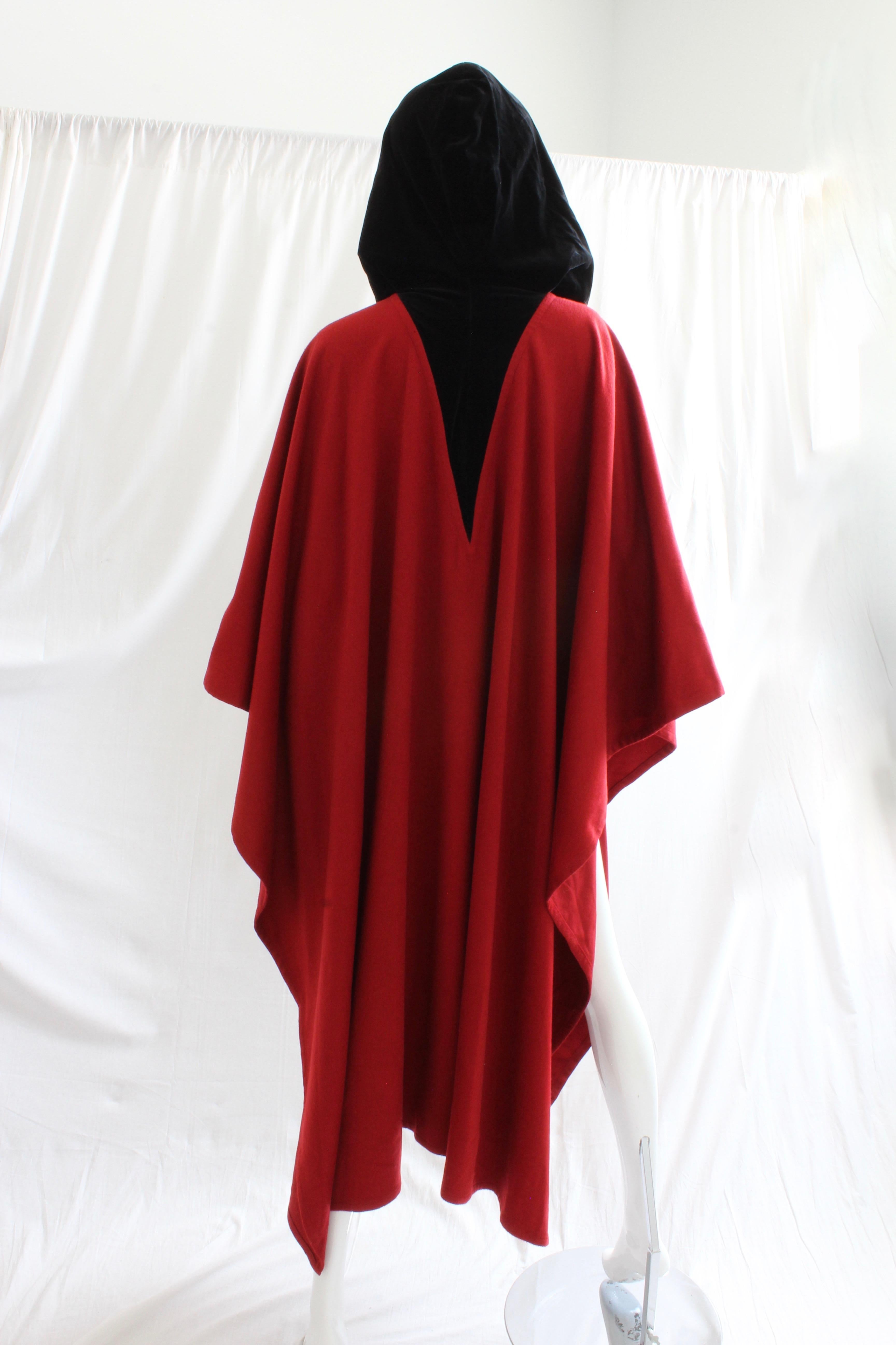 Women's Vintage Yves Saint Laurent Cape Garnet Red Wool Black Velvet Hood 38 NWOT NOS 