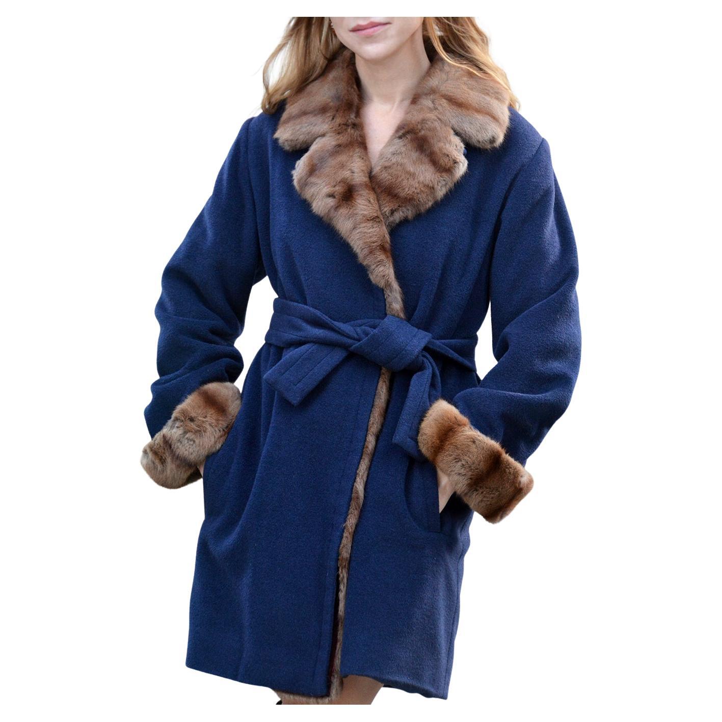 Vintage Yves Saint Laurent Cashmere Wool Fur-Trim Coat For Sale
