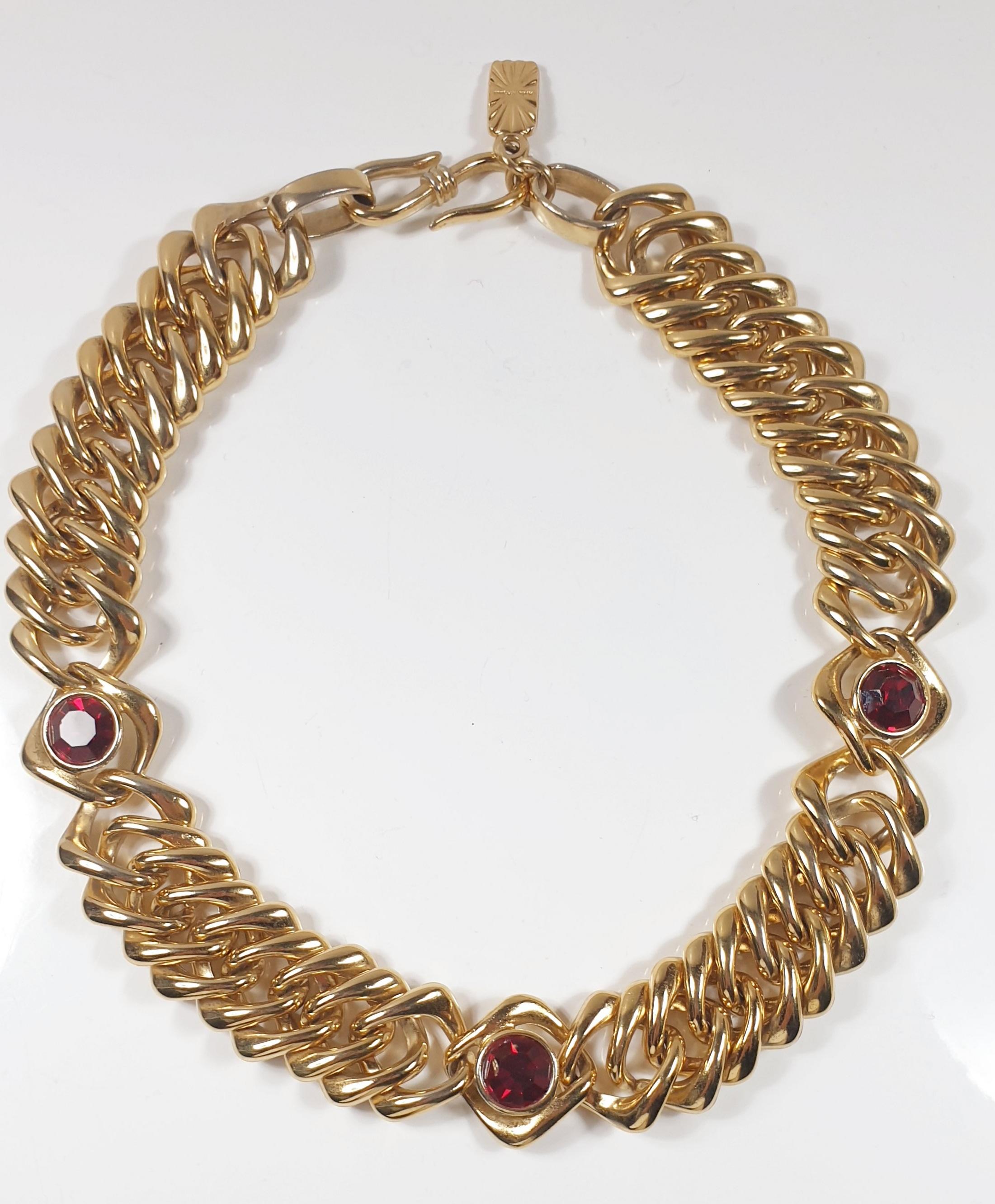 Vintage YSL Yves Saint Laurent Chain Necklace with Gripoix style glass Red  cabochons
This statement 