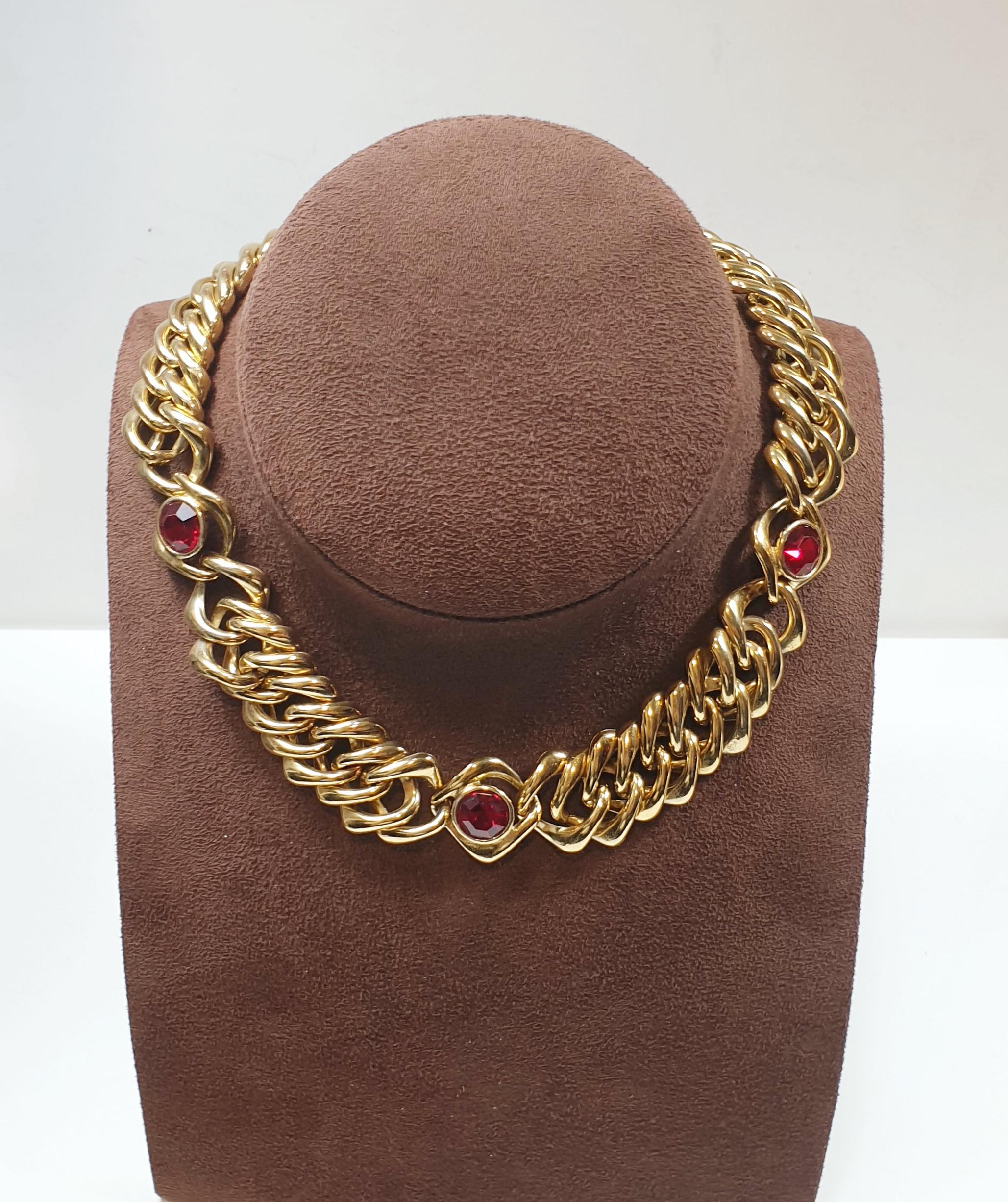 Vintage Yves Saint Laurent Chain Necklace with Gripoix style glass Red cabochons 1