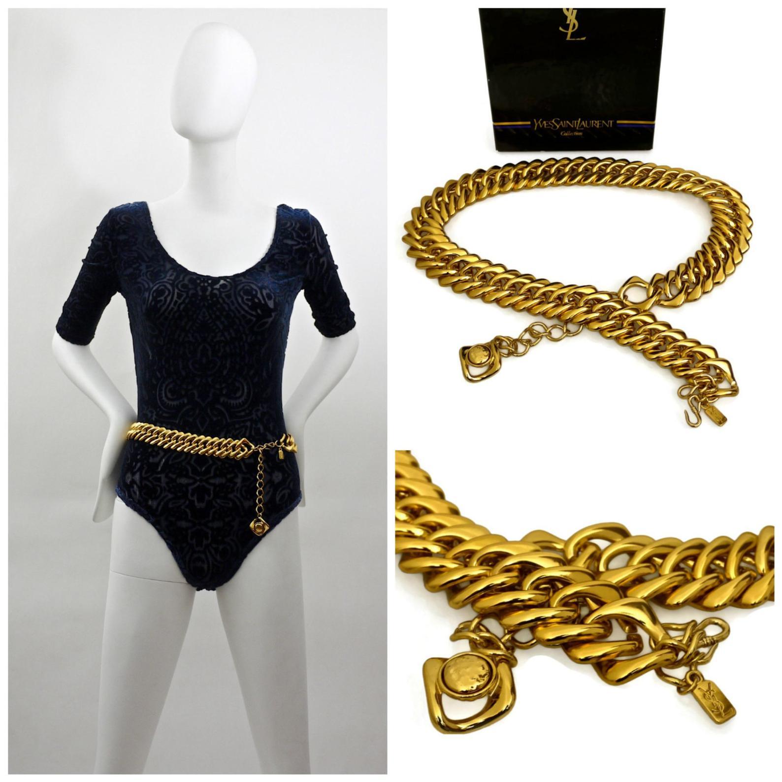 Vintage YVES SAINT LAURENT Chunky Chain Necklace Belt

Measurements:
Height: 1 2/8 inches
Wearable Length: 29 inches to 33 4/8 inches

Features:
- 100% Authentic YVES SAINT LAURENT.
- Massive chain in gold tone.
- Metal hang tag is signed YSL Made