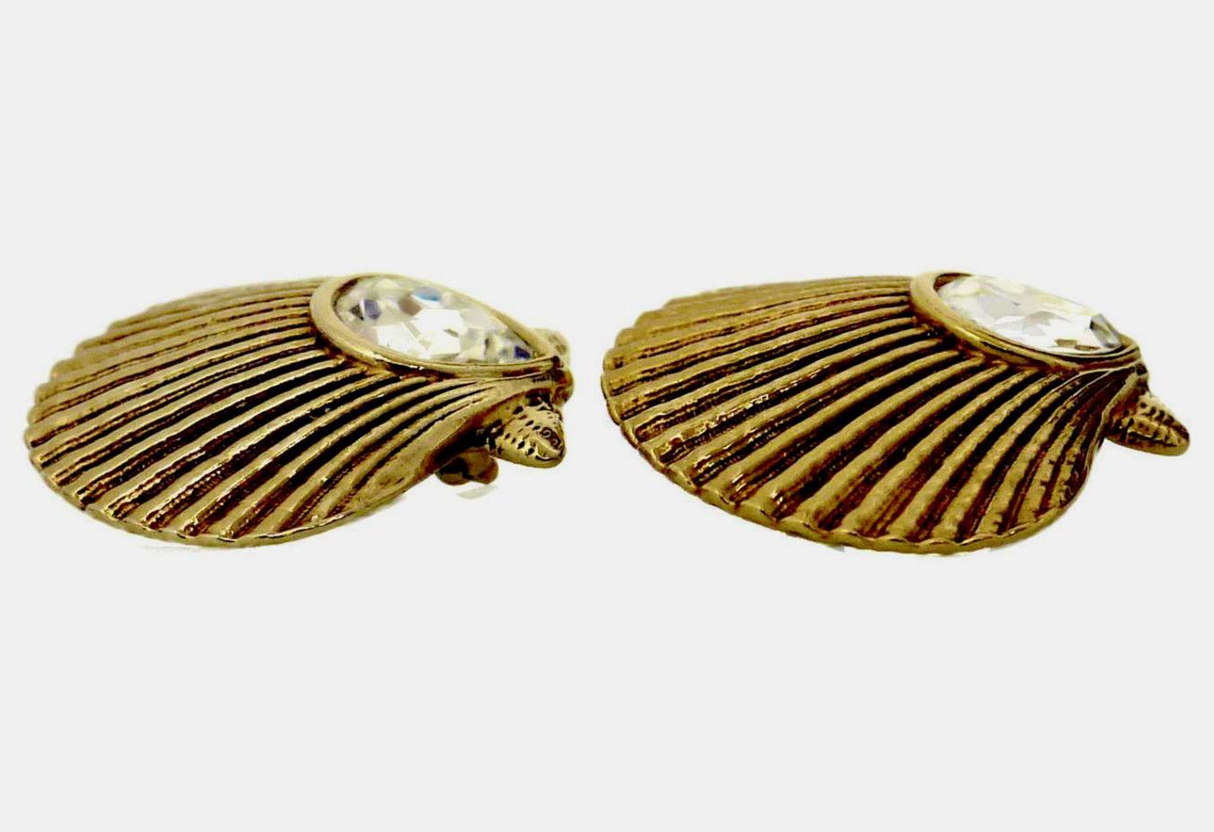 Women's Vintage Yves Saint Laurent Clam Shell Rhinestone Earrings