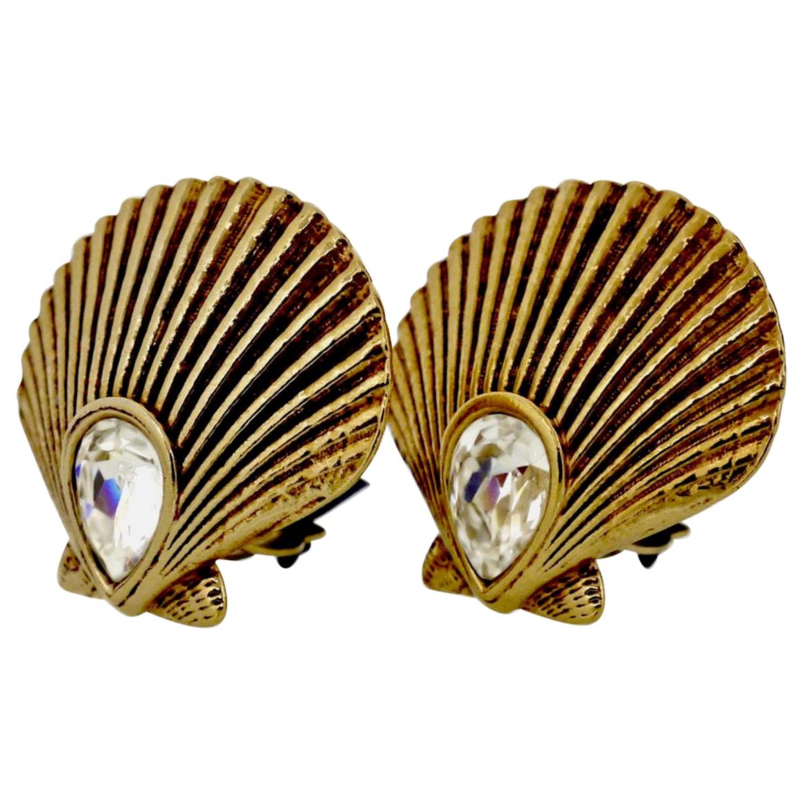 Vintage Yves Saint Laurent Clam Shell Rhinestone Earrings