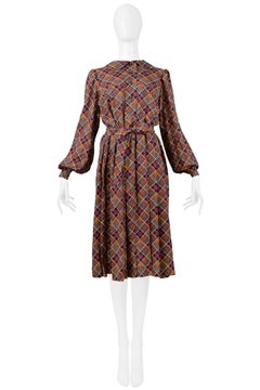 Vintage Yves Saint Laurent Classic Brown Plaid Pleated Dress