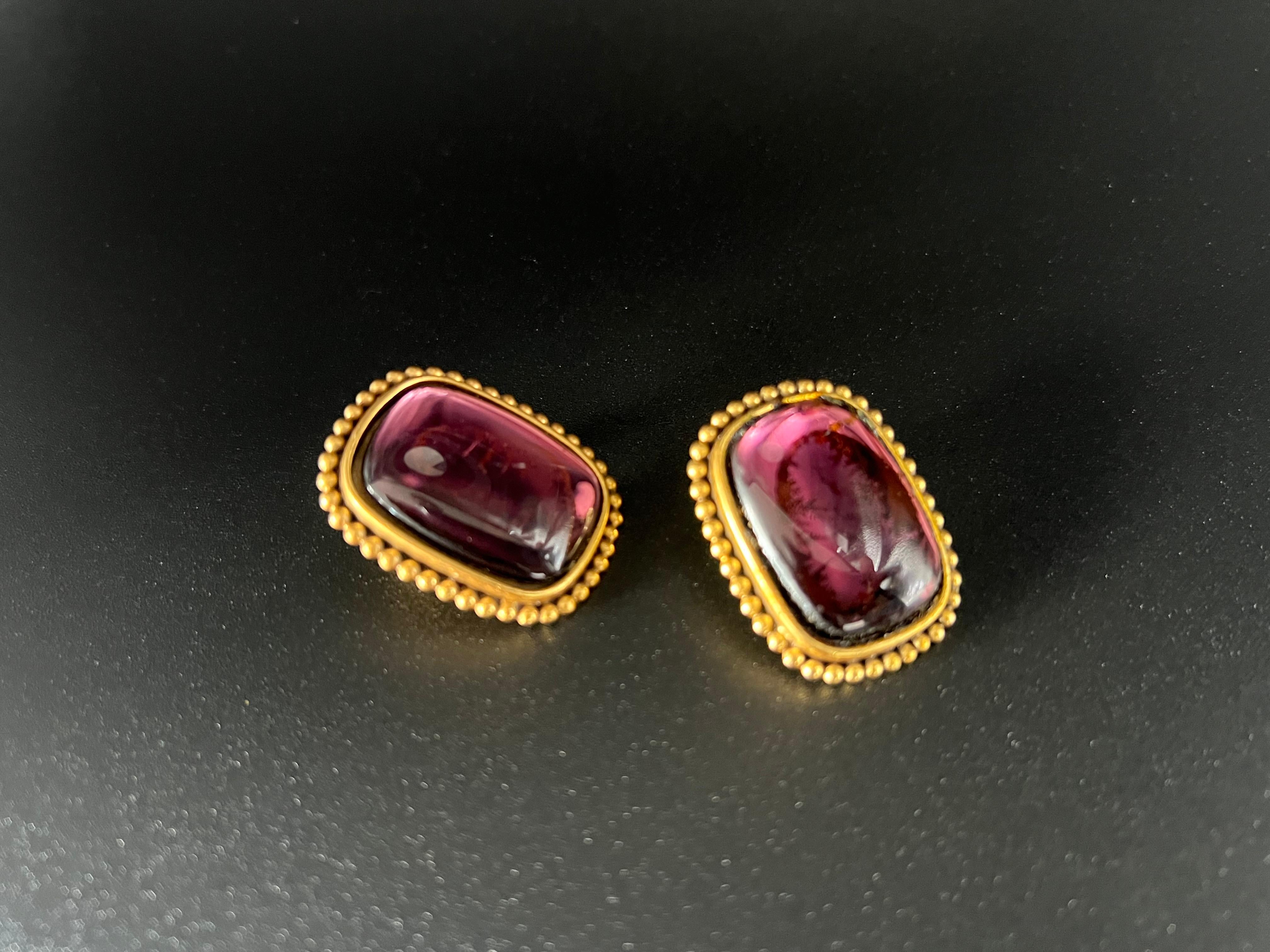Modern Vintage Yves Saint Laurent Clip-On Earrings  Gold Tone Amethyst Glass  Signed For Sale
