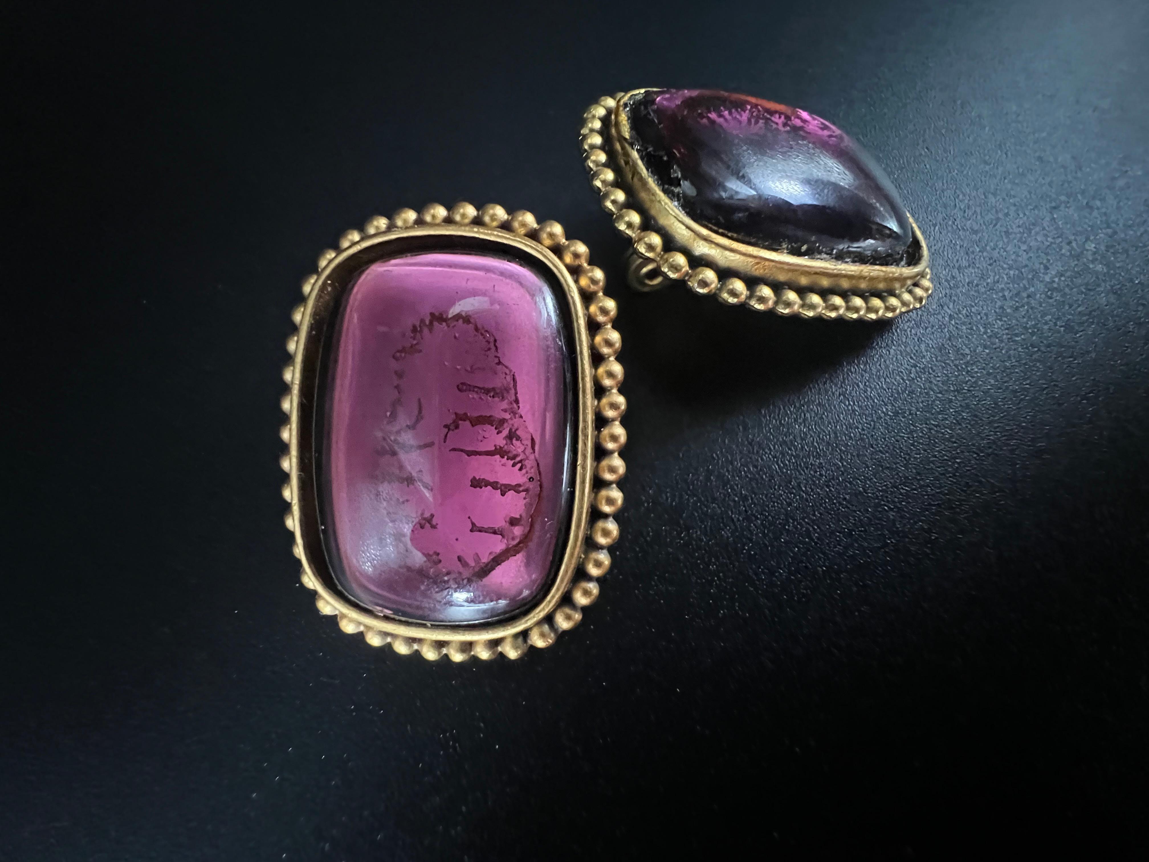 Vintage Yves Saint Laurent Clip-On Earrings  Gold Tone Amethyst Glass  Signed For Sale 2