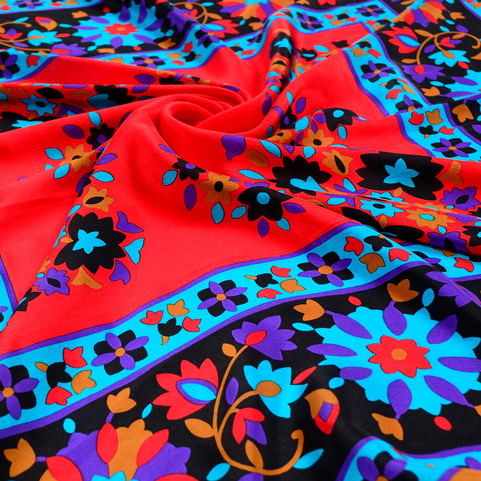 Vintage Yves Saint Laurent Colorful Silk Floral YS Scarf In Good Condition In Portland, OR