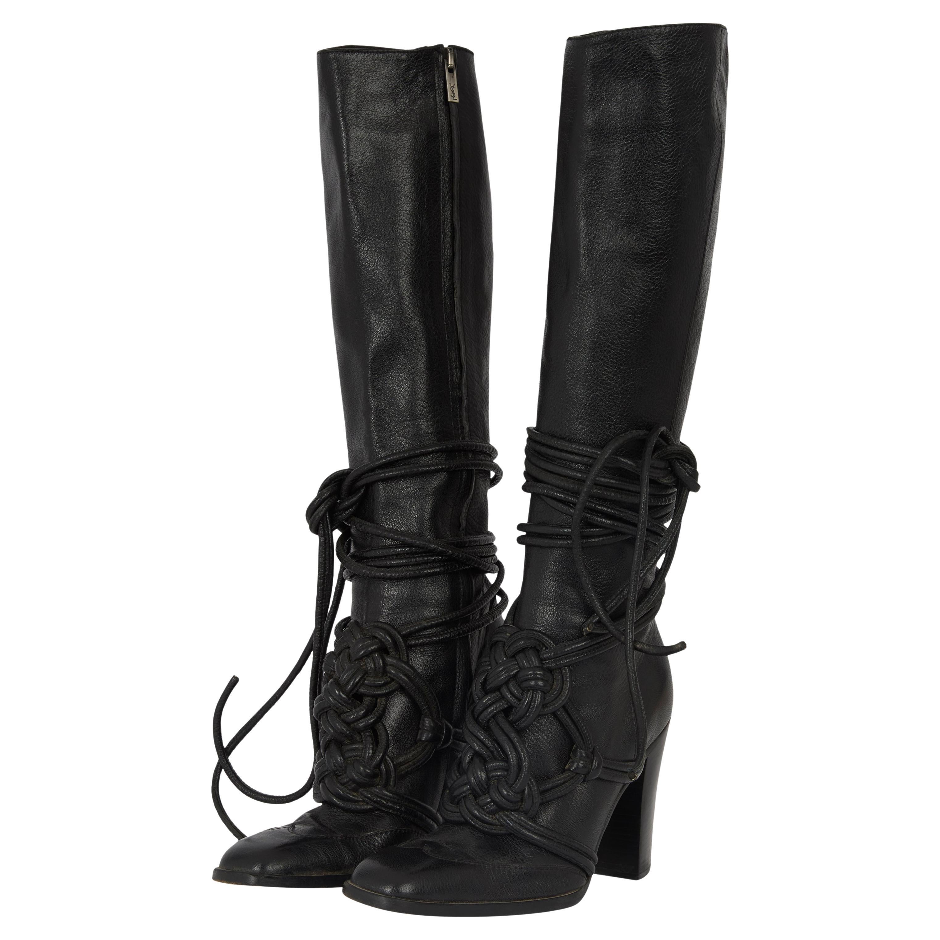 Vintage Yves Saint Laurent F/W 2001 Black Leather Lace High Boots