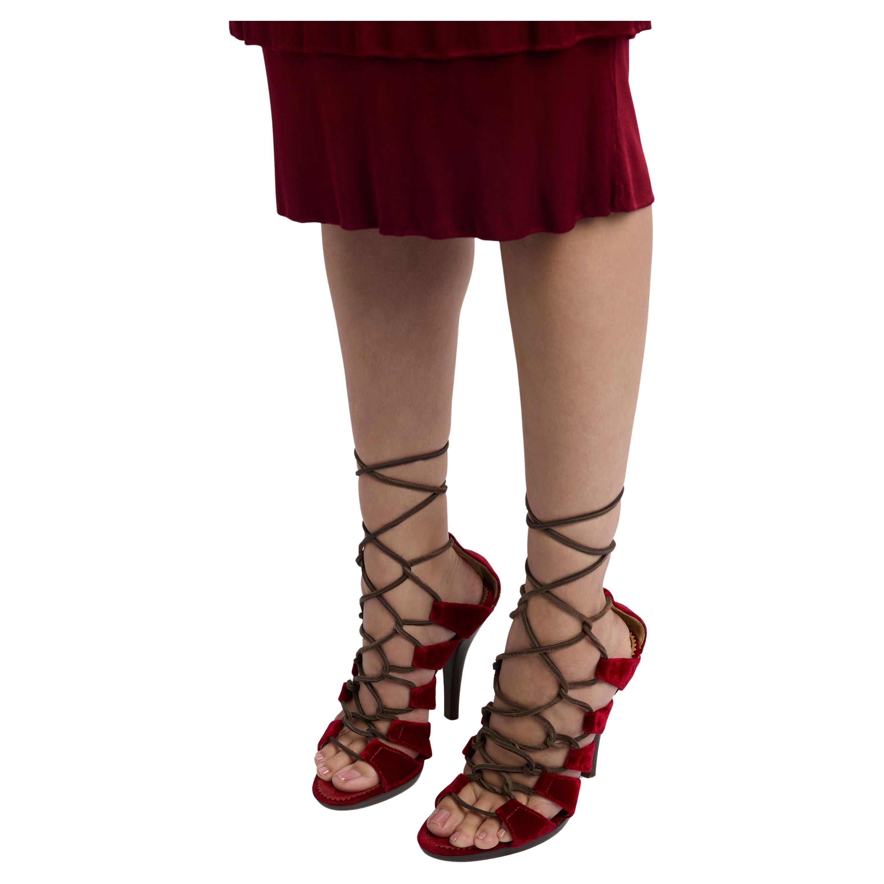 Vintage Yves Saint Laurent F/W 2002 Runway Red Velvet Lace Up Heels
