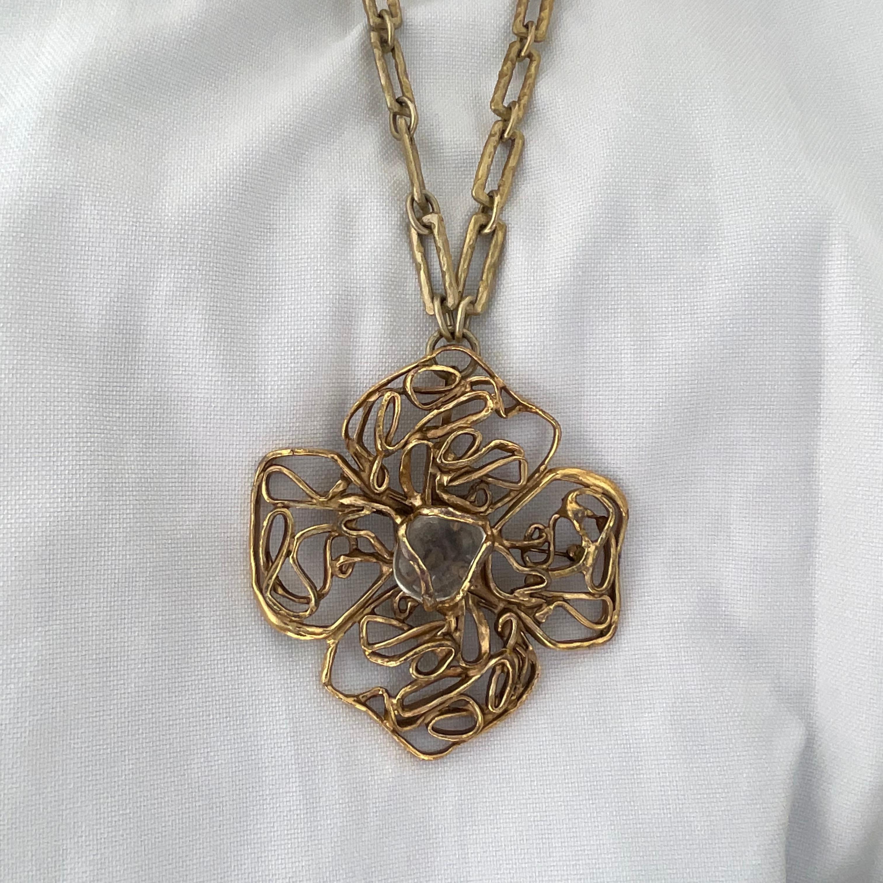 Tumbled Vintage YVES SAINT LAURENT 70's Flower Brooch/Necklace For Sale