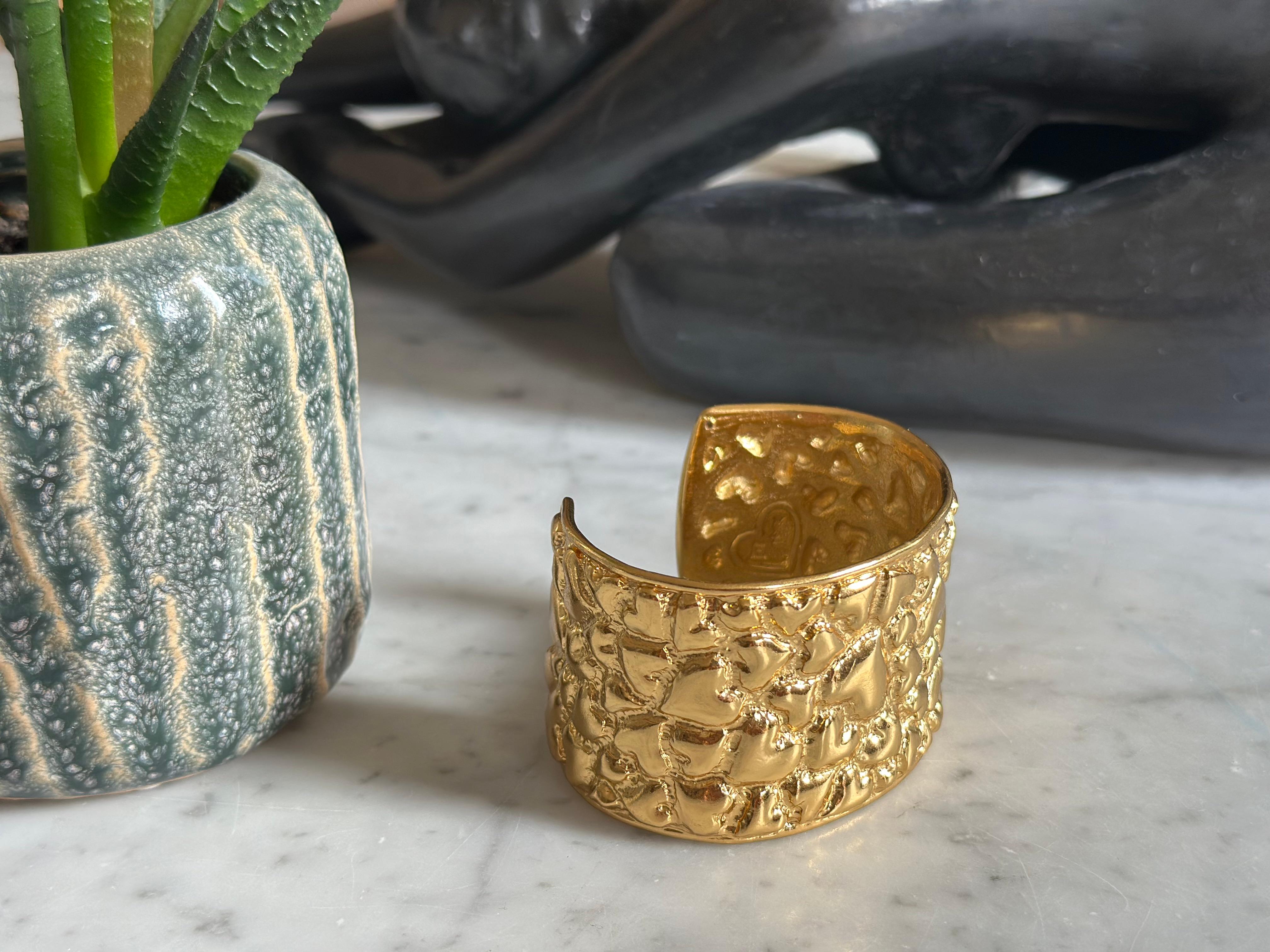 Vintage Yves Saint Laurent Gilded Heart Hammered Cuff Bracelet, 1980s For Sale 2