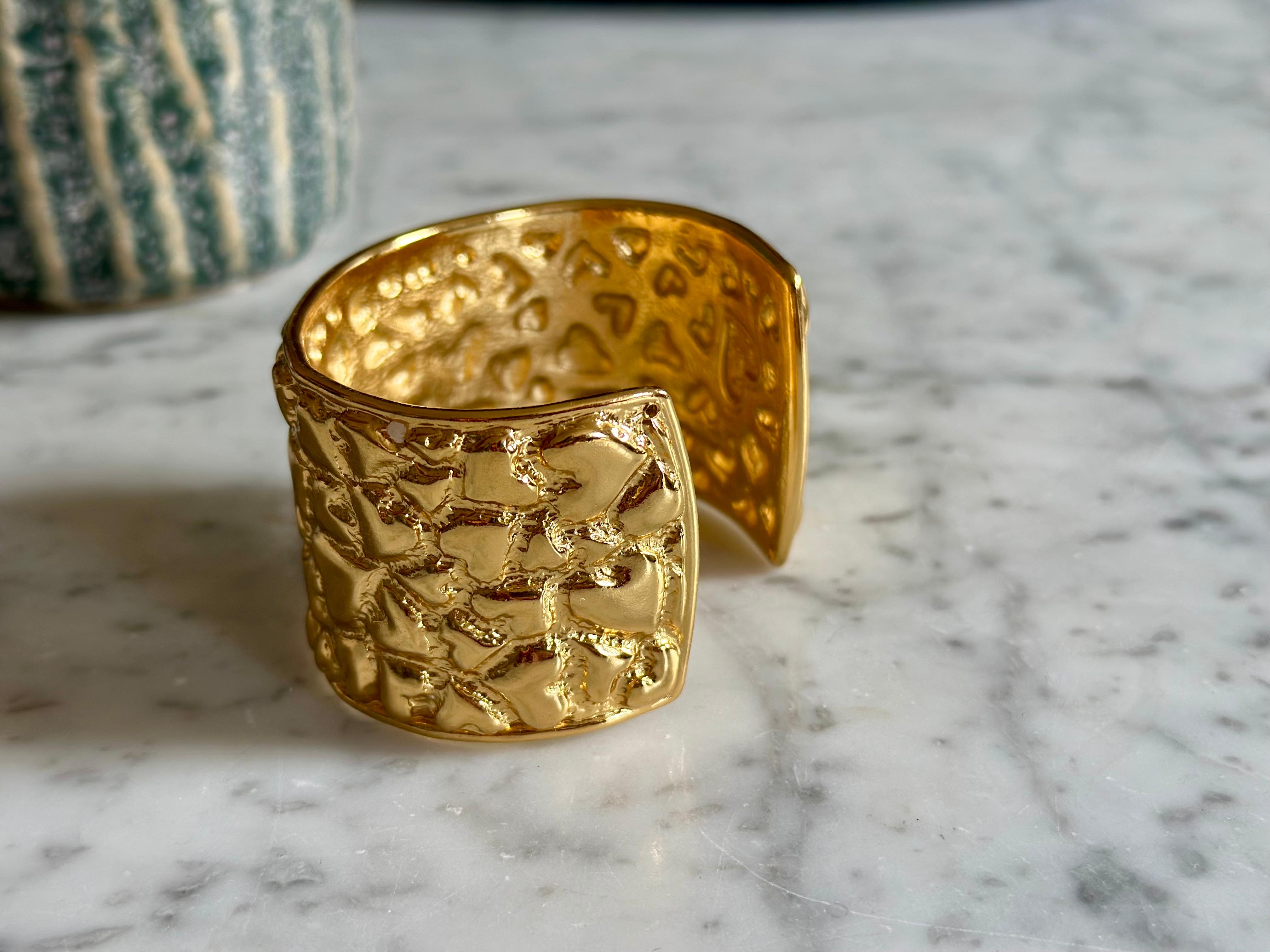 Modern Vintage Yves Saint Laurent Gilded Heart Hammered Cuff Bracelet, 1980s For Sale