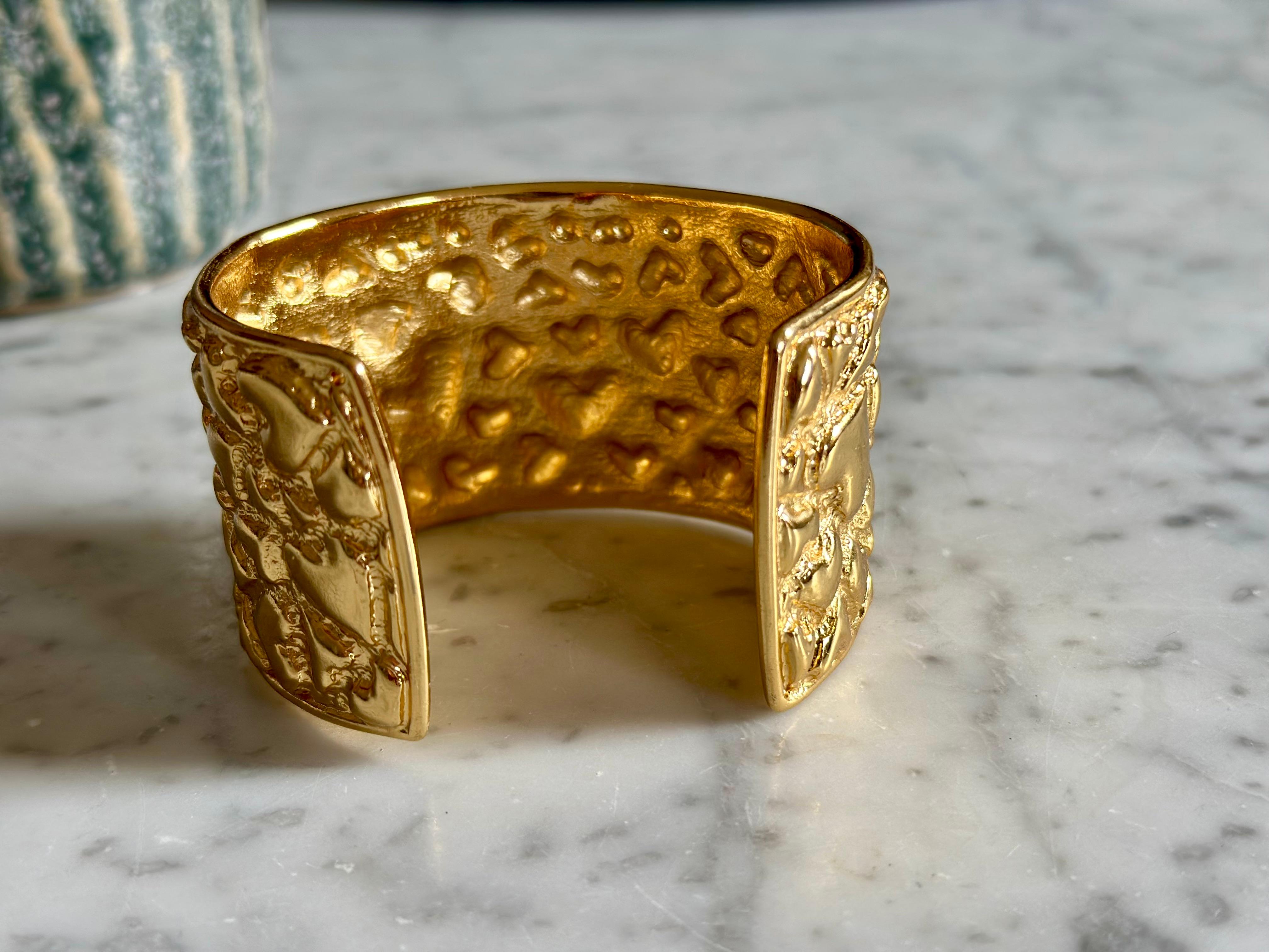 French Vintage Yves Saint Laurent Gilded Heart Hammered Cuff Bracelet, 1980s For Sale