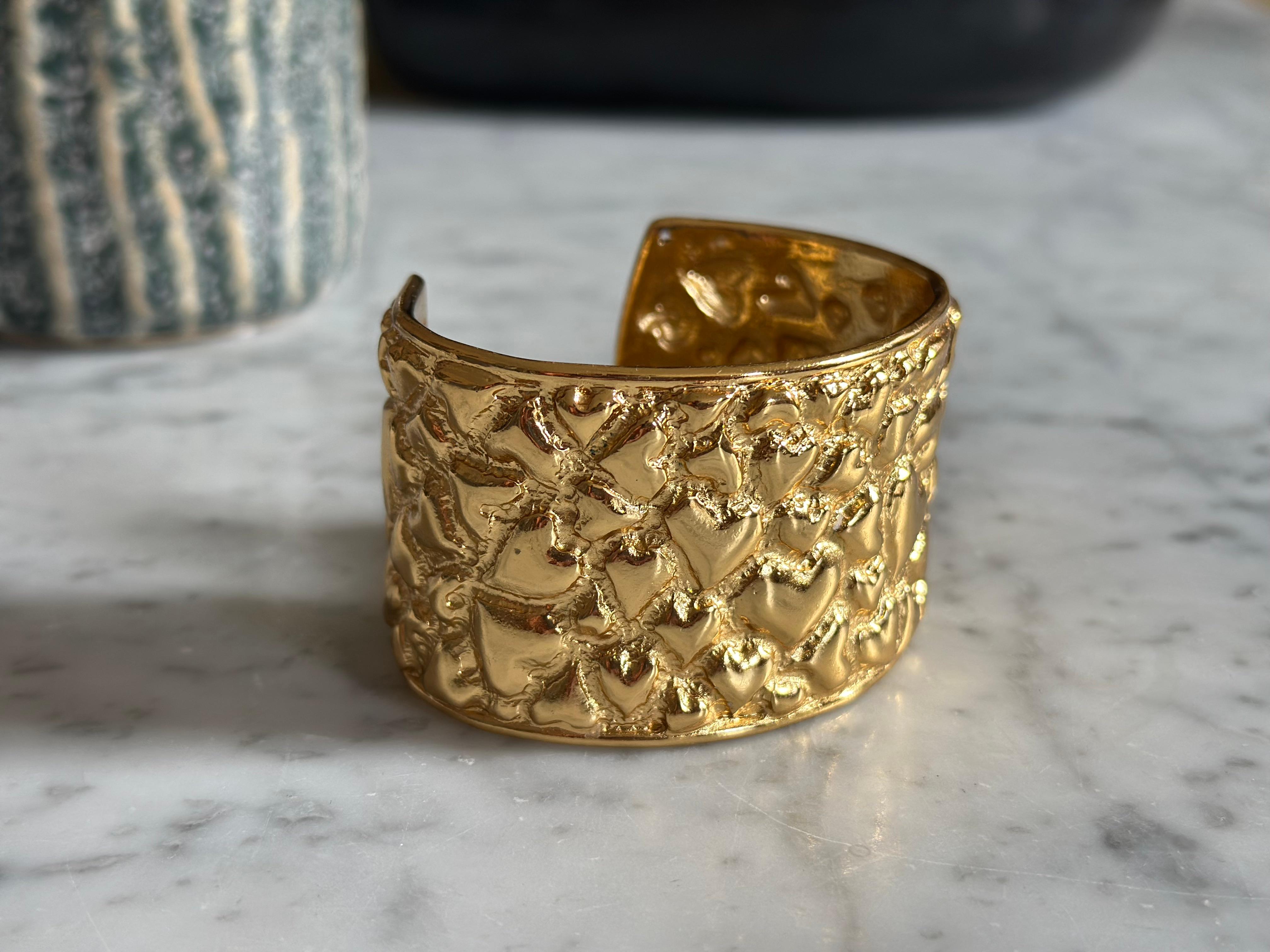 Gilt Vintage Yves Saint Laurent Gilded Heart Hammered Cuff Bracelet, 1980s For Sale