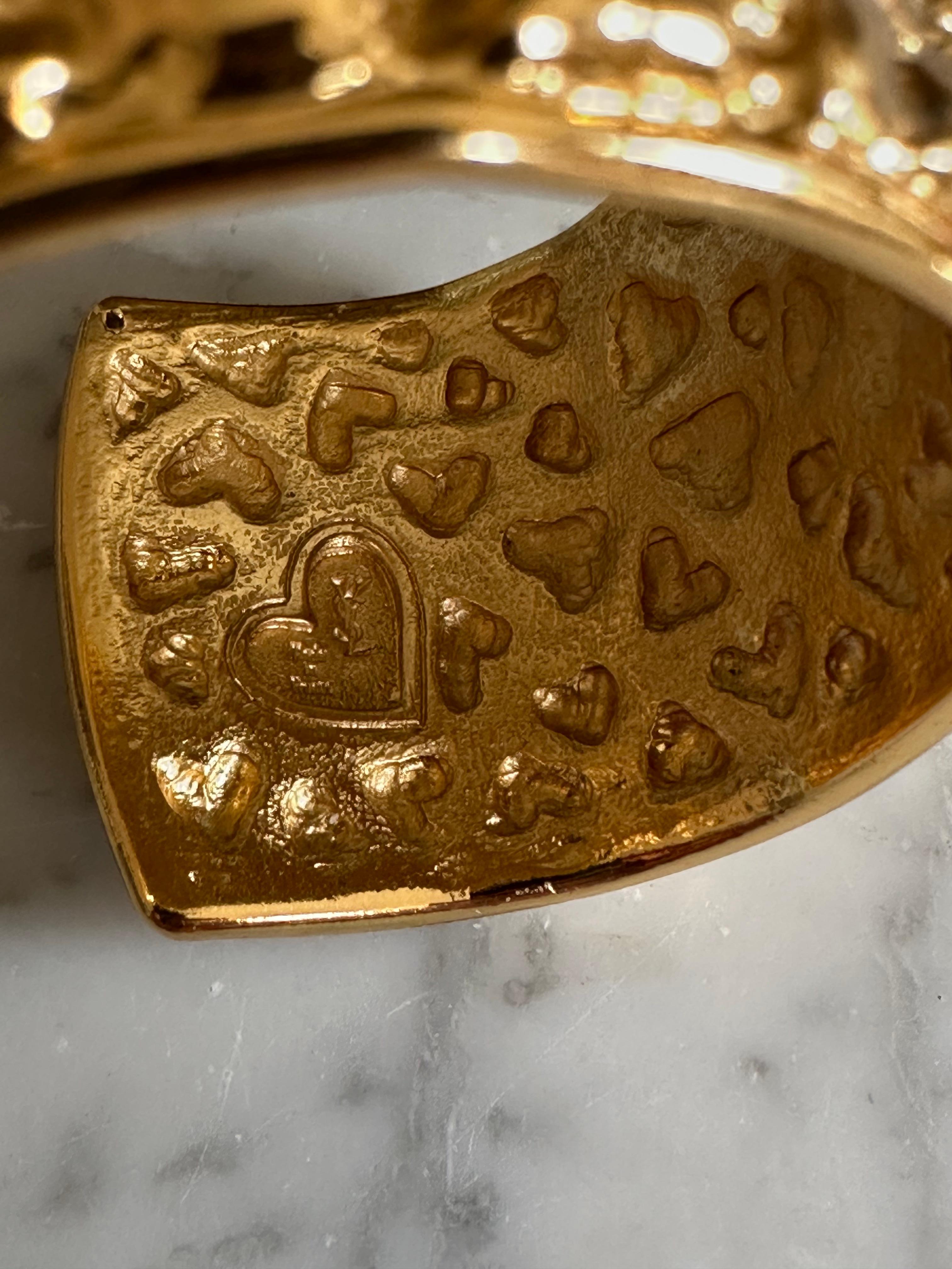 Metal Vintage Yves Saint Laurent Gilded Heart Hammered Cuff Bracelet, 1980s For Sale