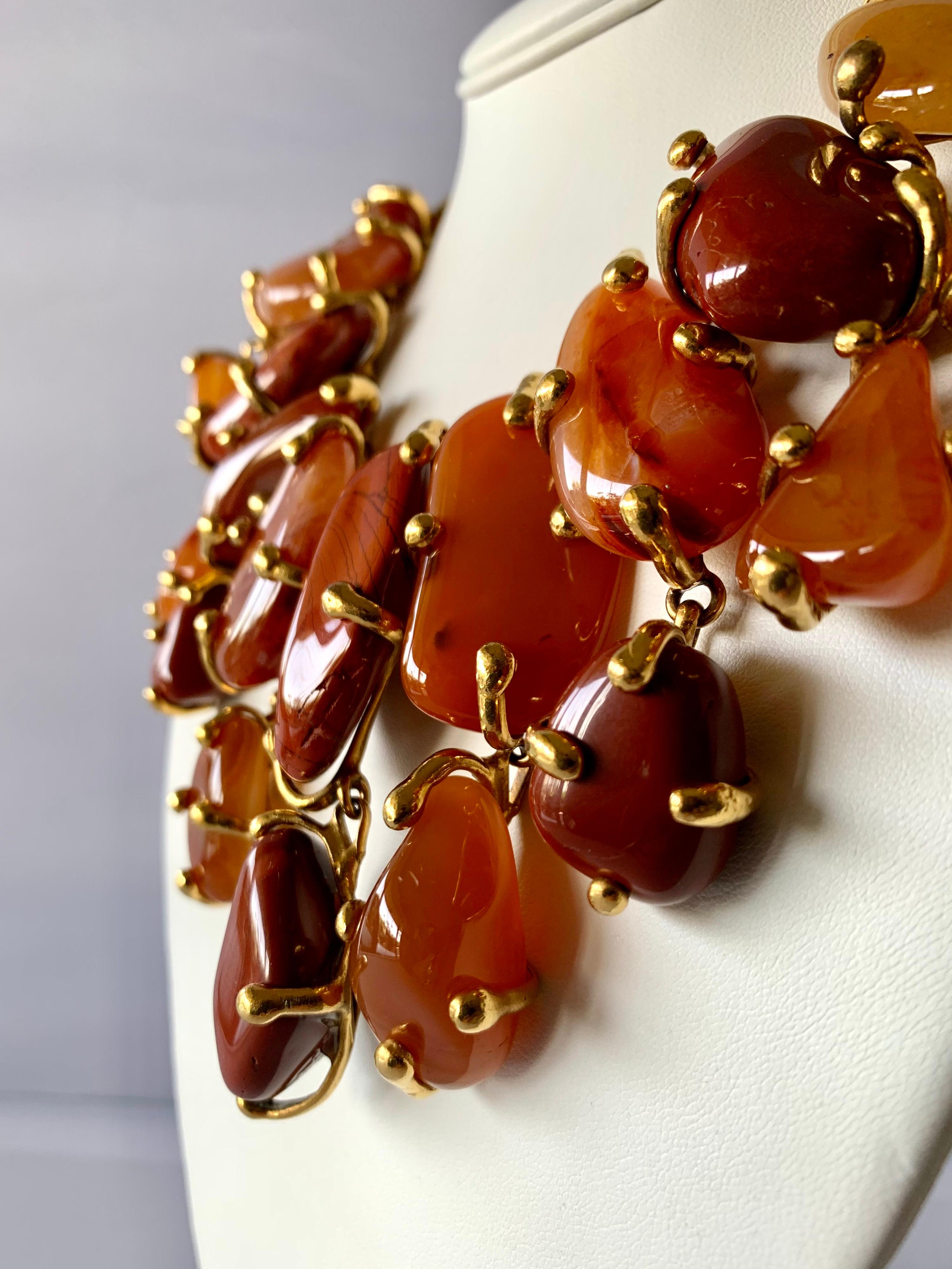 Vintage YSL statement necklace - comprised of large gilt metal nuggets and articulated rows of genuine polished carnelian. The exquisite necklace was made by Maison Robert Goossens for Yves Saint Laurent circa 1980/1990 - signed Yves Saint Laurent