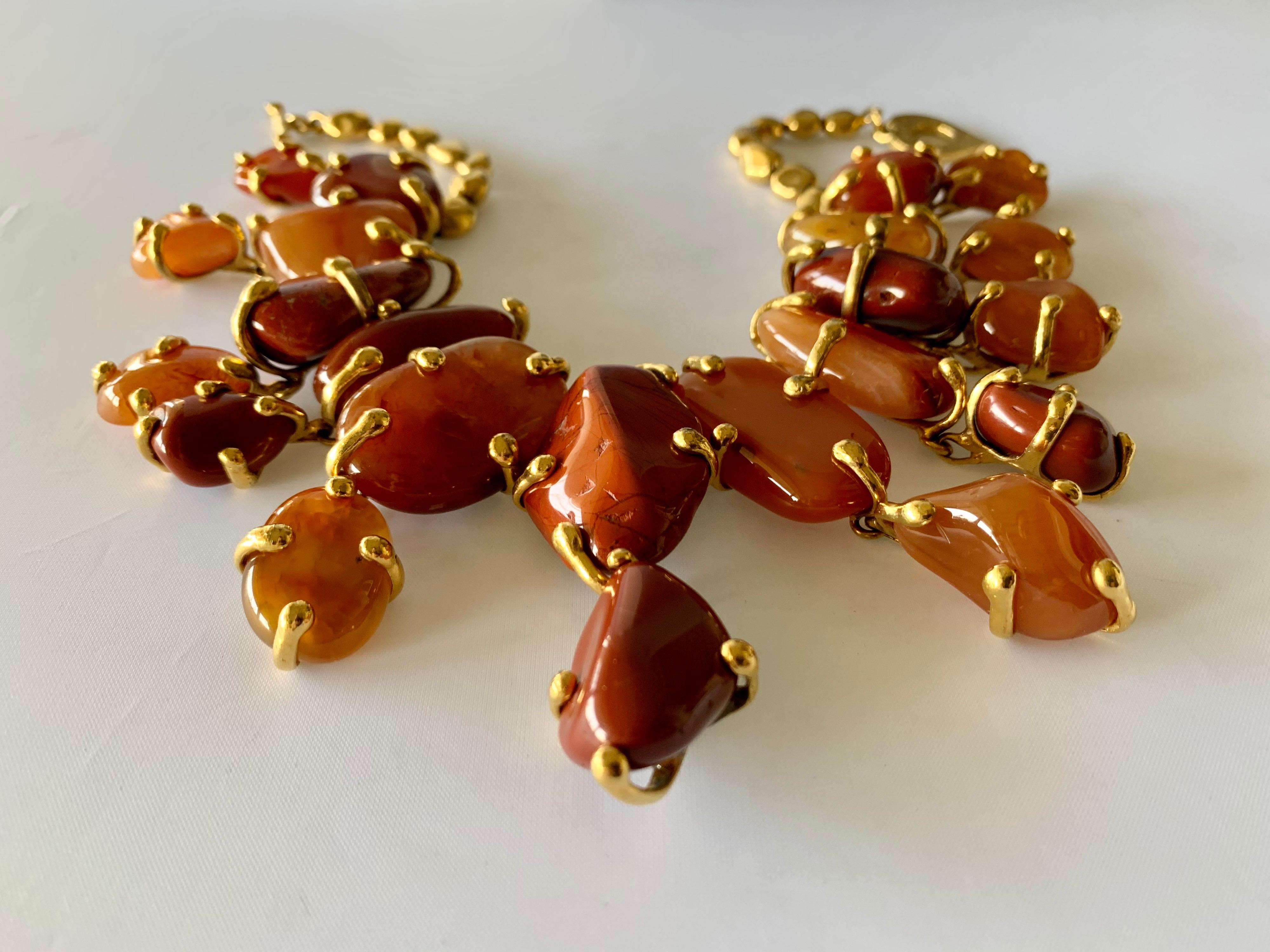 Uncut Vintage Yves Saint Laurent Gilt Carnelian Necklace