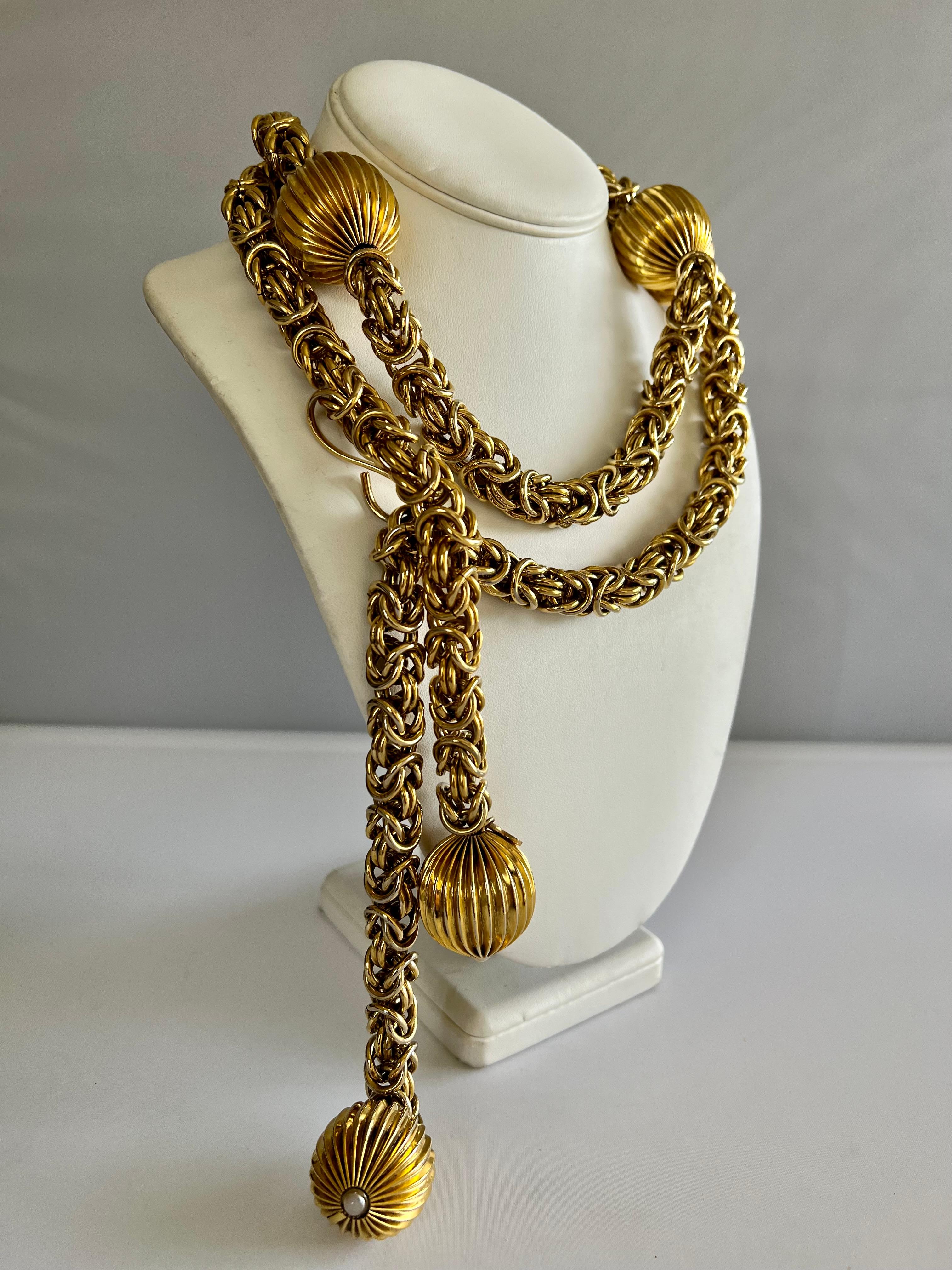 Phenomenal vintage Yves Saint Laurent Rive Gauche chunky woven gold chain and ball belt/necklace - signed YSL Rive Gauche. 
