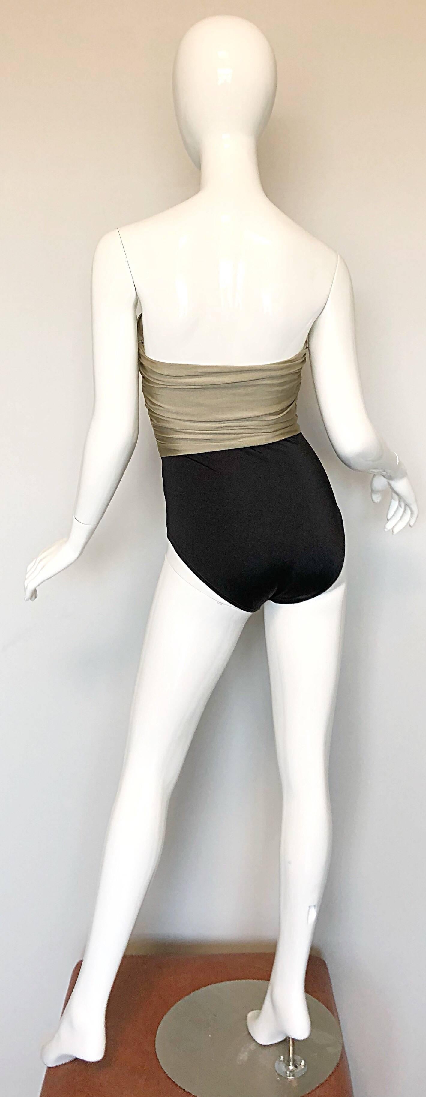  1980s Yves Saint Laurent Vintage Gold Black Strapless Logo Swimsuit Bodysuit In Excellent Condition In San Diego, CA