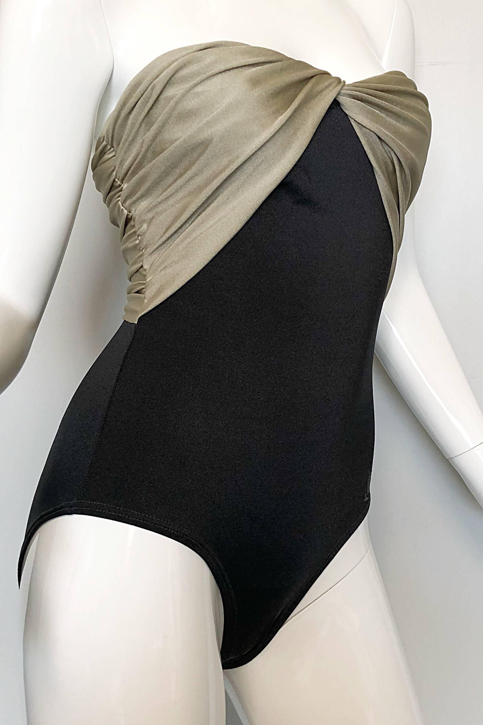 Women's  1980s Yves Saint Laurent Vintage Gold Black Strapless Logo Swimsuit Bodysuit