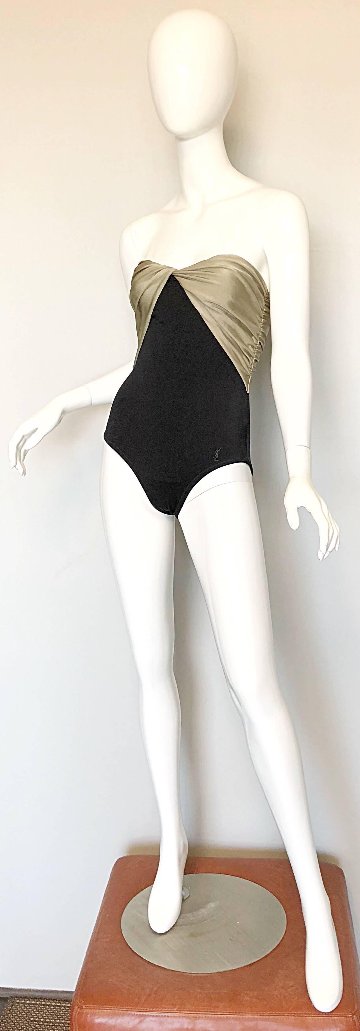  1980s Yves Saint Laurent Vintage Gold Black Strapless Logo Swimsuit Bodysuit 1