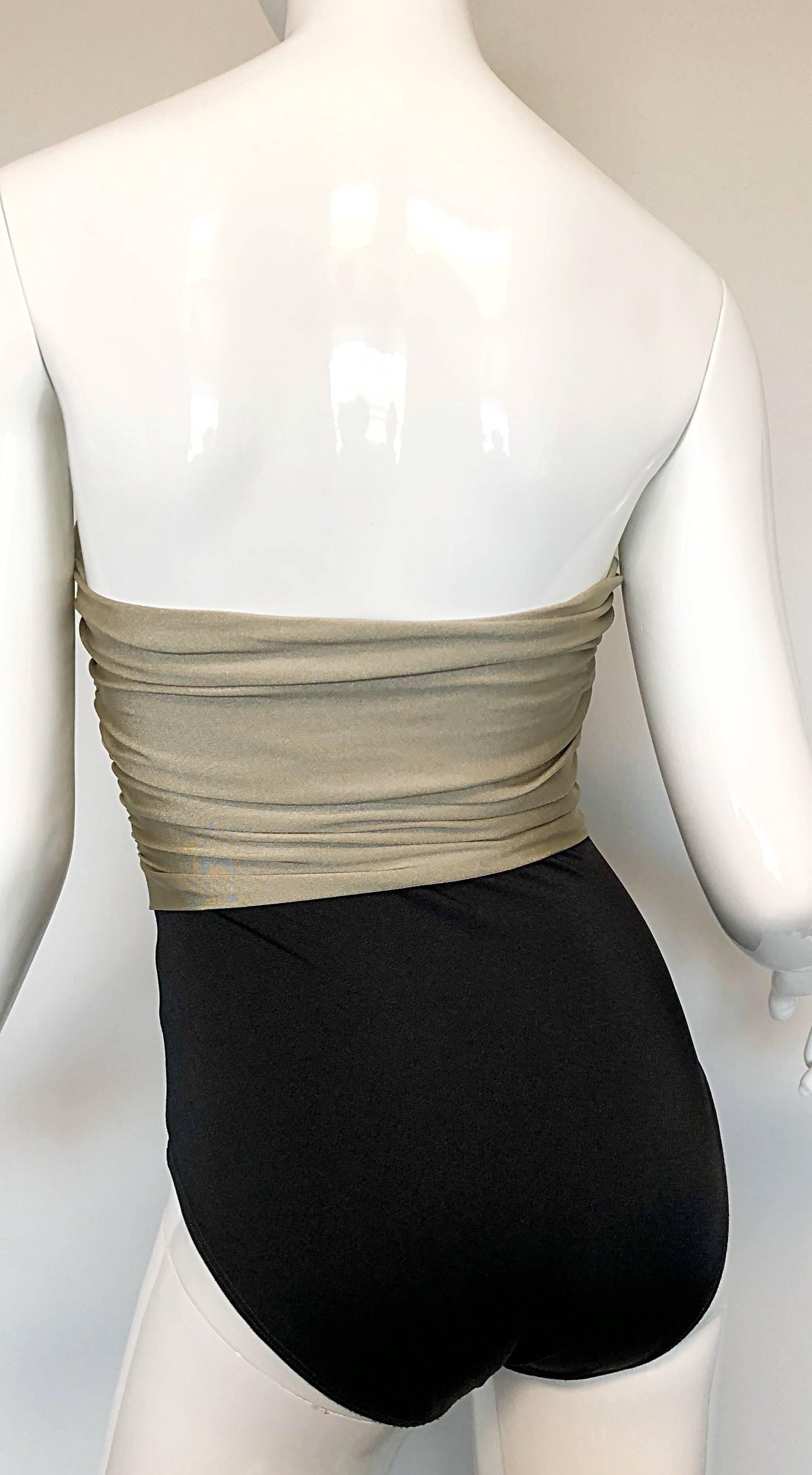  1980s Yves Saint Laurent Vintage Gold Black Strapless Logo Swimsuit Bodysuit 2