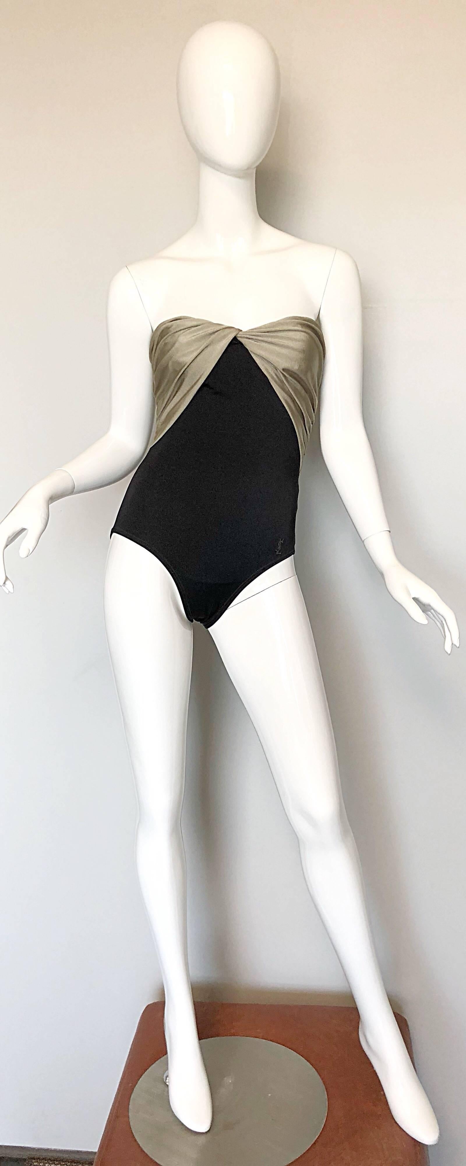  1980s Yves Saint Laurent Vintage Gold Black Strapless Logo Swimsuit Bodysuit 3