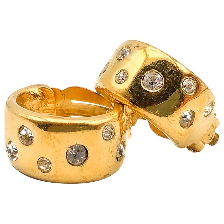 Vintage Yves Saint Laurent Gold and Crystal Hoop Earrings 1980s